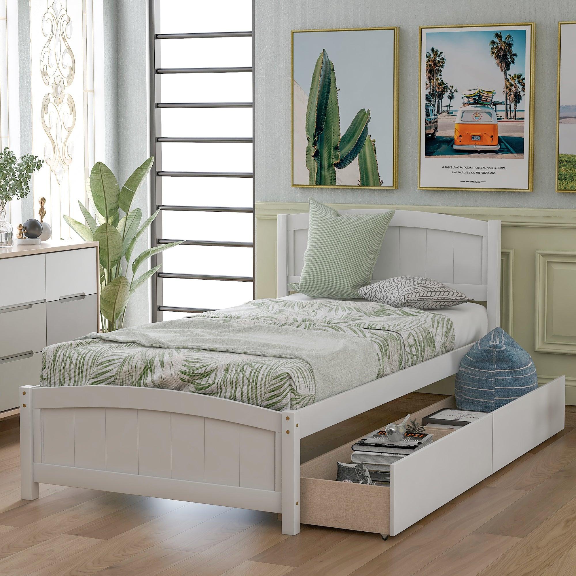 🆓🚛 Twin Size Platform Bed With Two Drawers, White