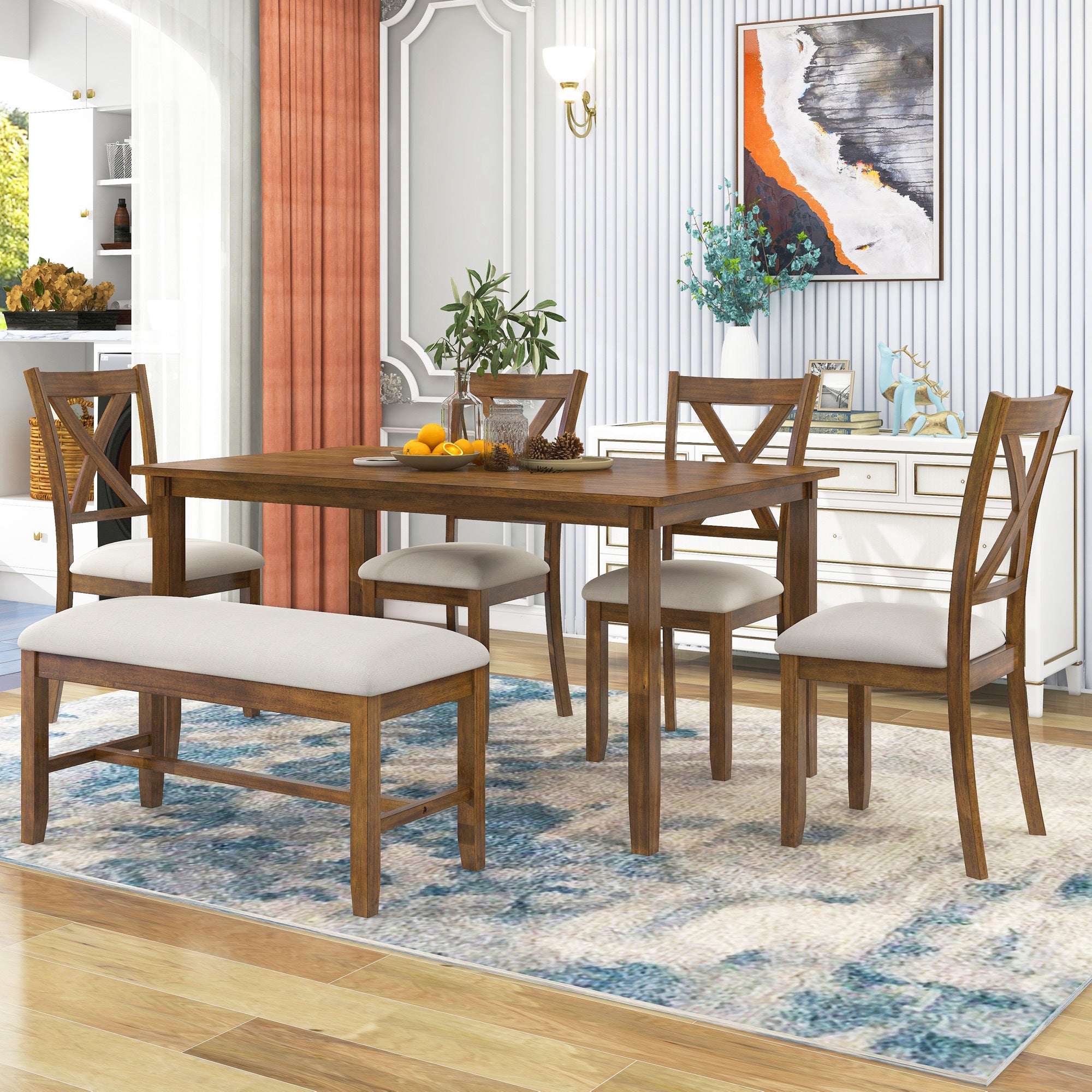 🆓🚛 6-Piece Kitchen Dining Table Set Wooden Rectangular Dining Table, 4 Fabric Chairs & Bench Family Furniture, Natural Cherry