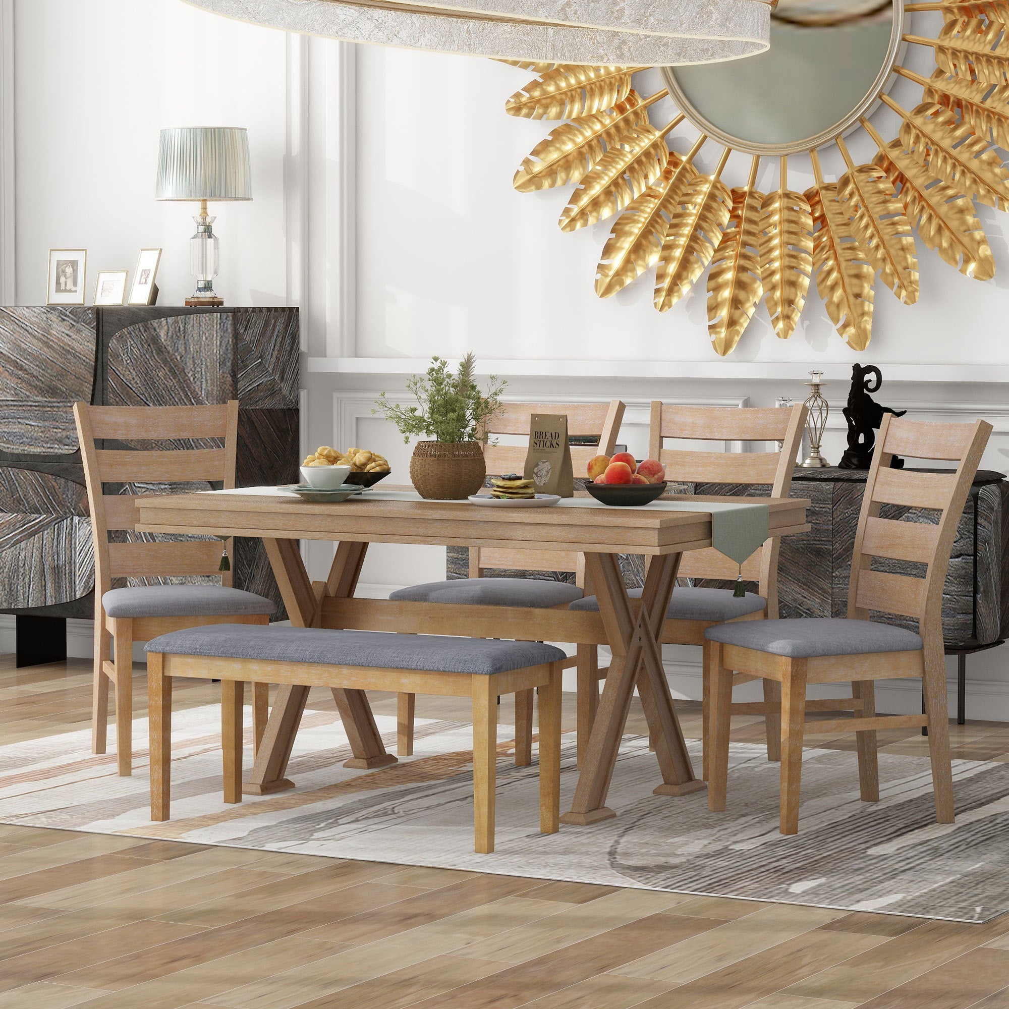 🆓🚛 6-Piece Retro 59"L Rectangular Dining Table Set, Table With Unique Legs & 4 Upholstered Chairs & 1 Bench for Dining Room & Kitchen, Natural Wood Wash