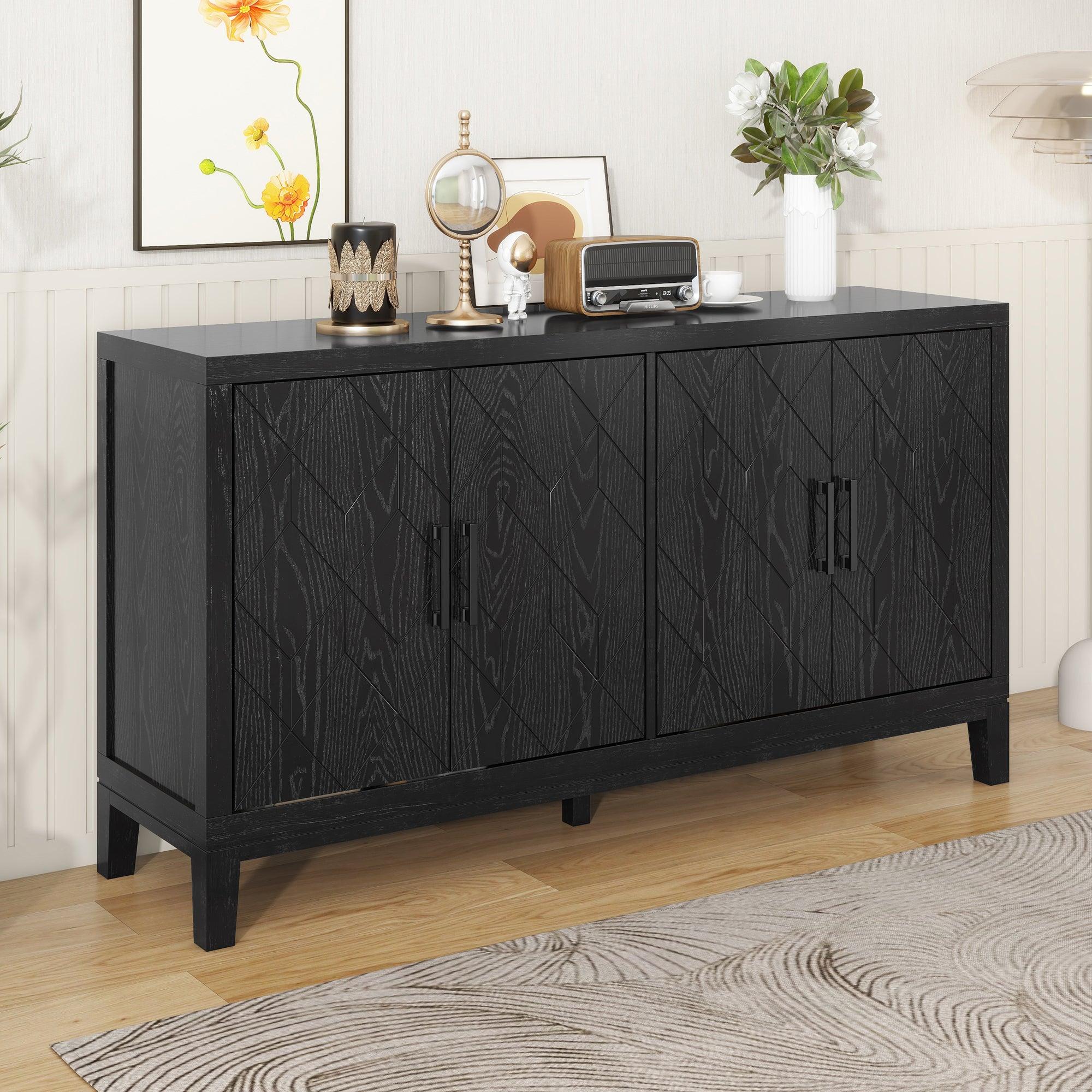 🆓🚛 4-Door Retro Sideboard With Adjustable Shelves, Two Large Cabinet With Long Handle, for Living Room & Dining Room, Black