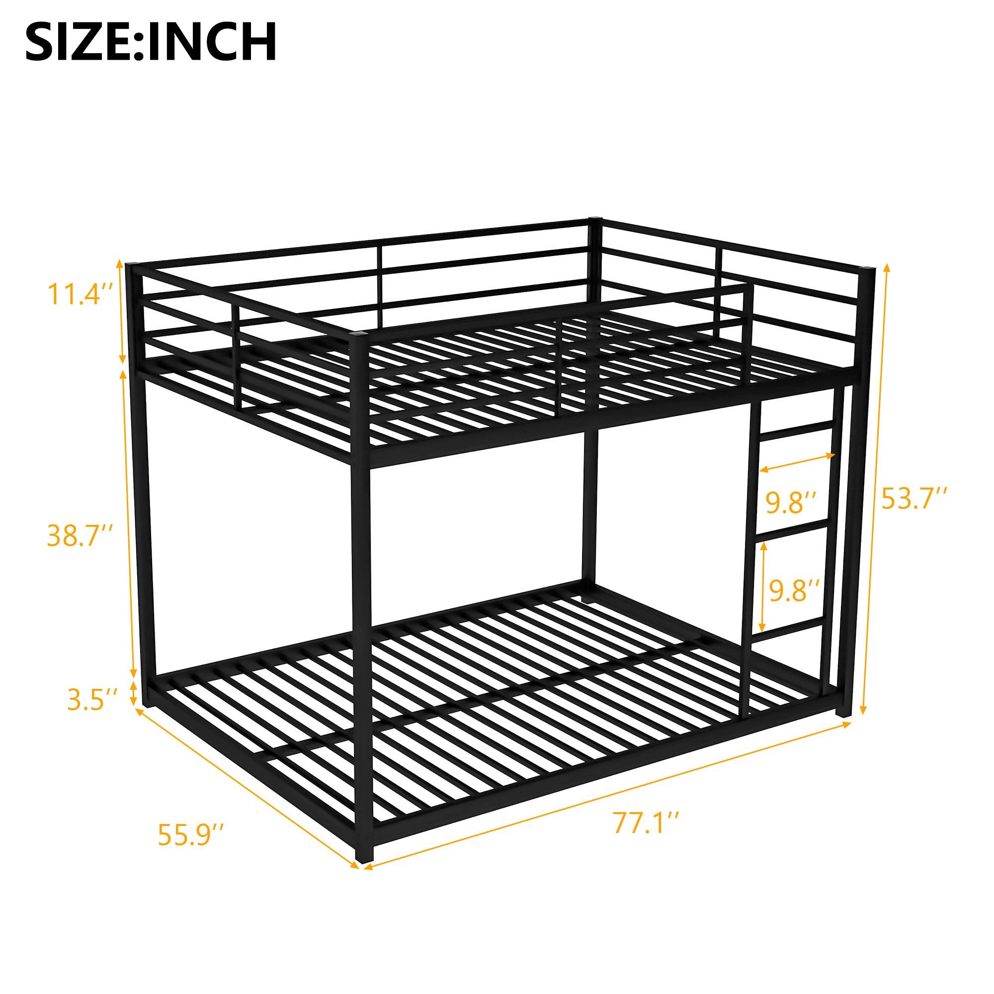 Full Over Full Low Metal Bunk Bed With Ladder, Black