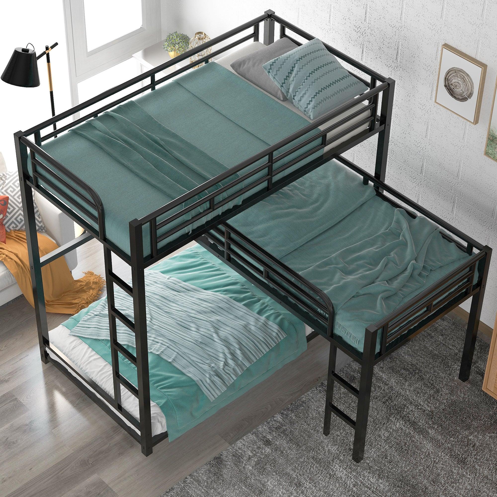 🆓🚛 L-Shaped Metal Triple Twin Size Bunk Bed, With Ladders & Rails Black