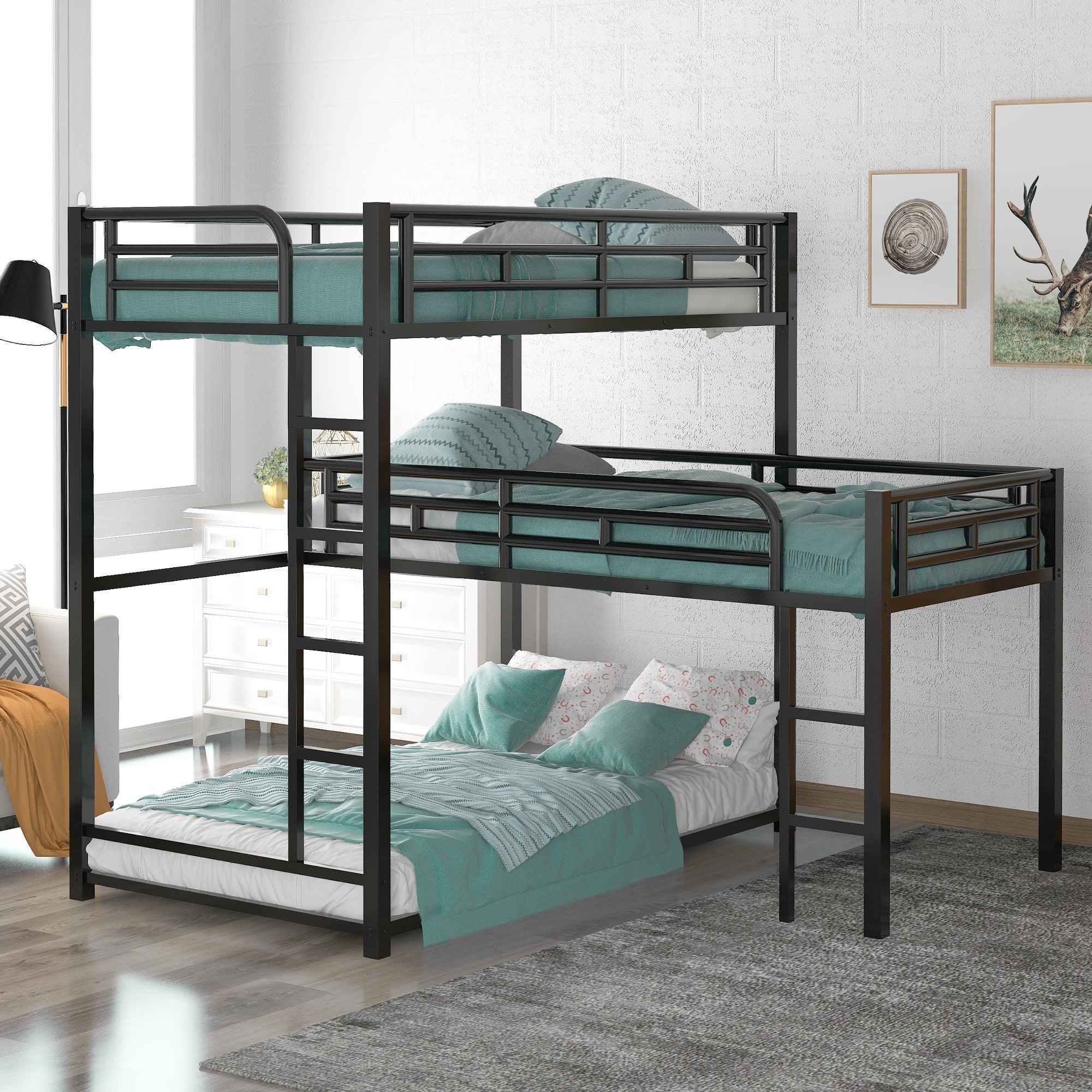 🆓🚛 L-Shaped Metal Triple Twin Size Bunk Bed, With Ladders & Rails Black