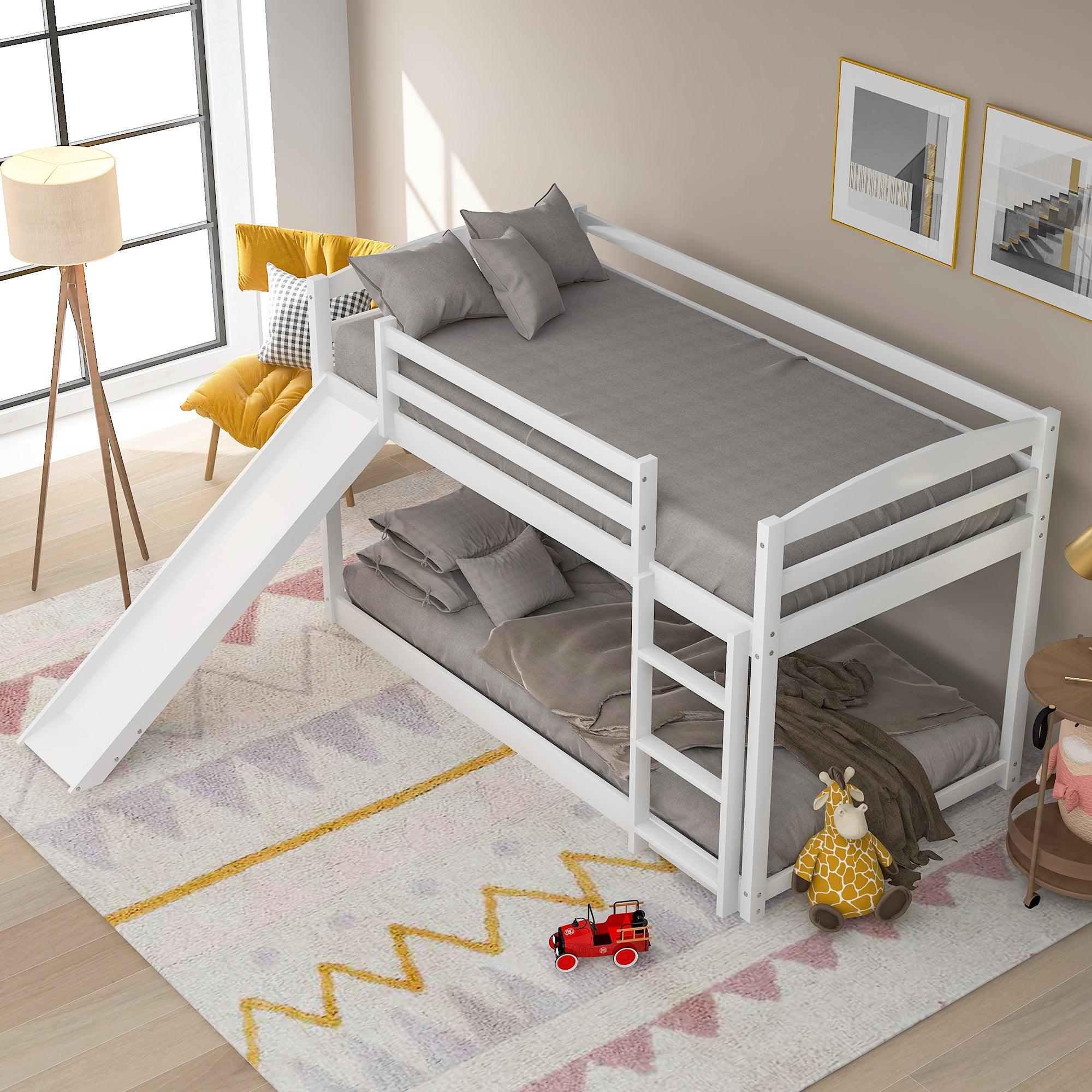 🆓🚛 Twin Over Twin Bunk Bed With Convertible Slide & Ladder, White