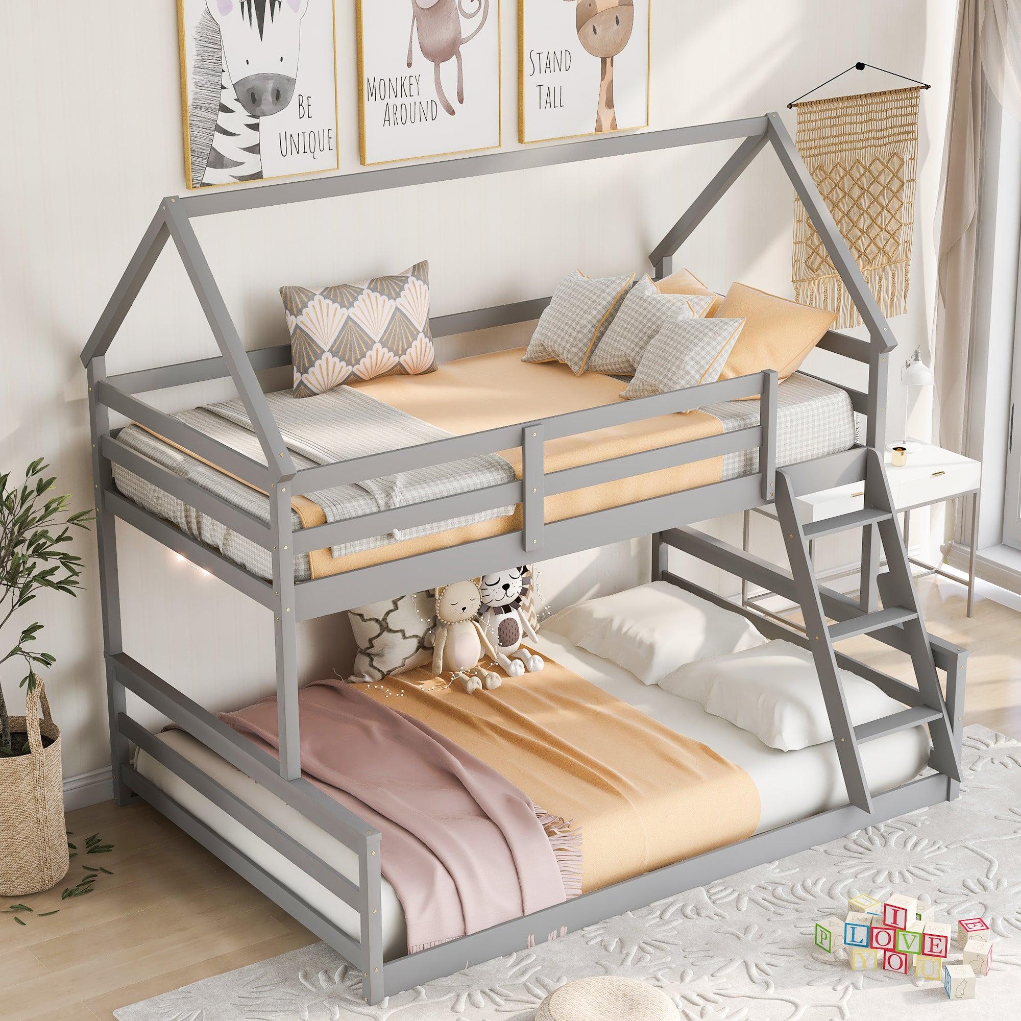 🆓🚛 Twin Over Full House Bunk Bed With Built-in Ladder, Gray