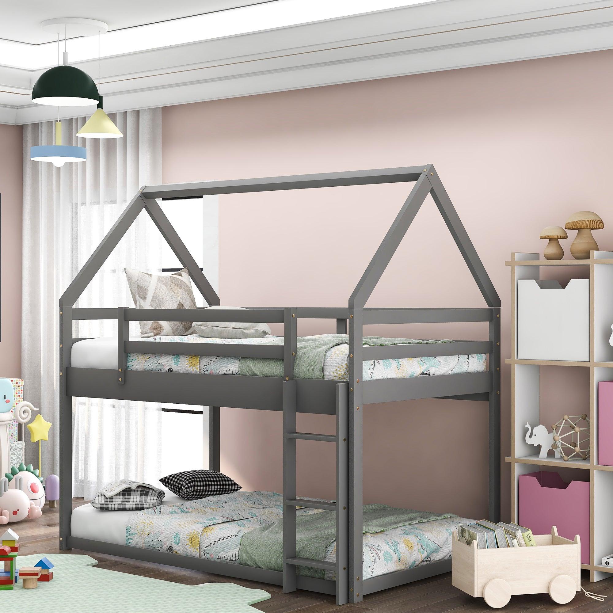 🆓🚛 Twin Over Twin Low Bunk Bed, House Bed With Ladder, Gray