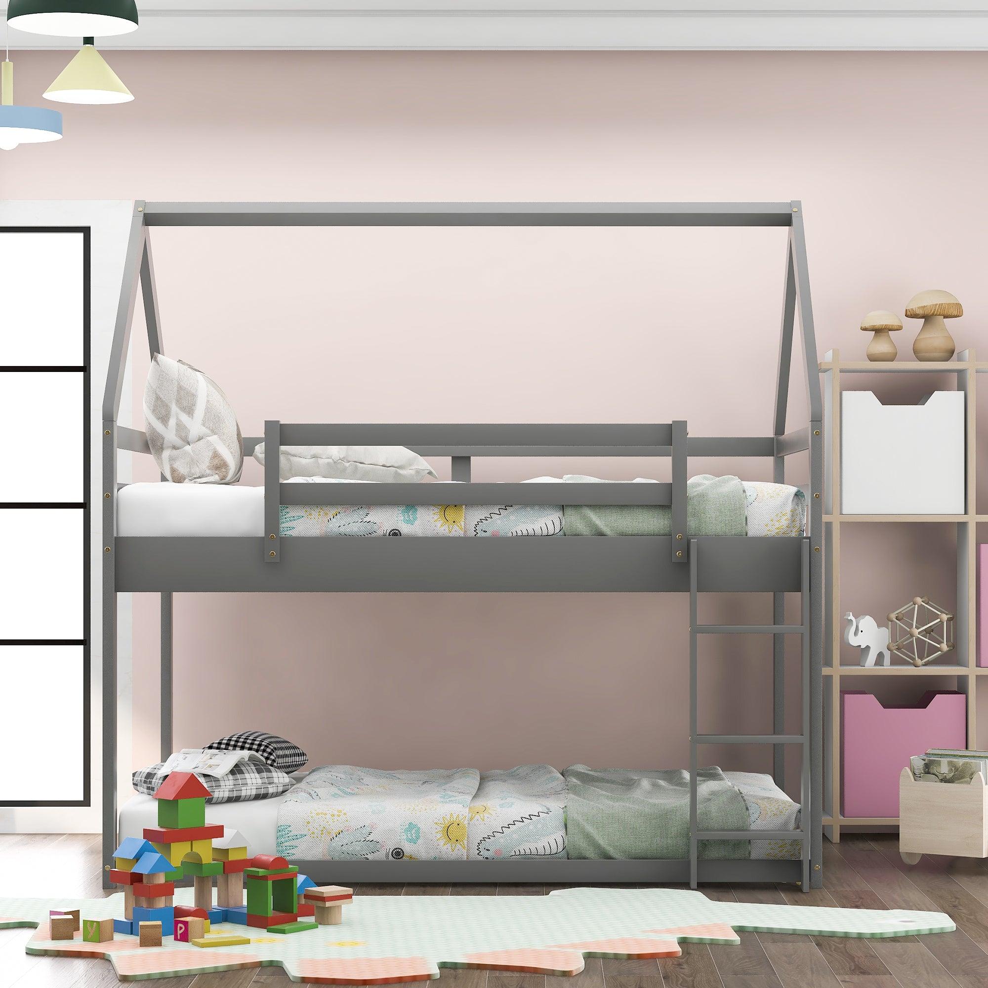 🆓🚛 Twin Over Twin Low Bunk Bed, House Bed With Ladder, Gray