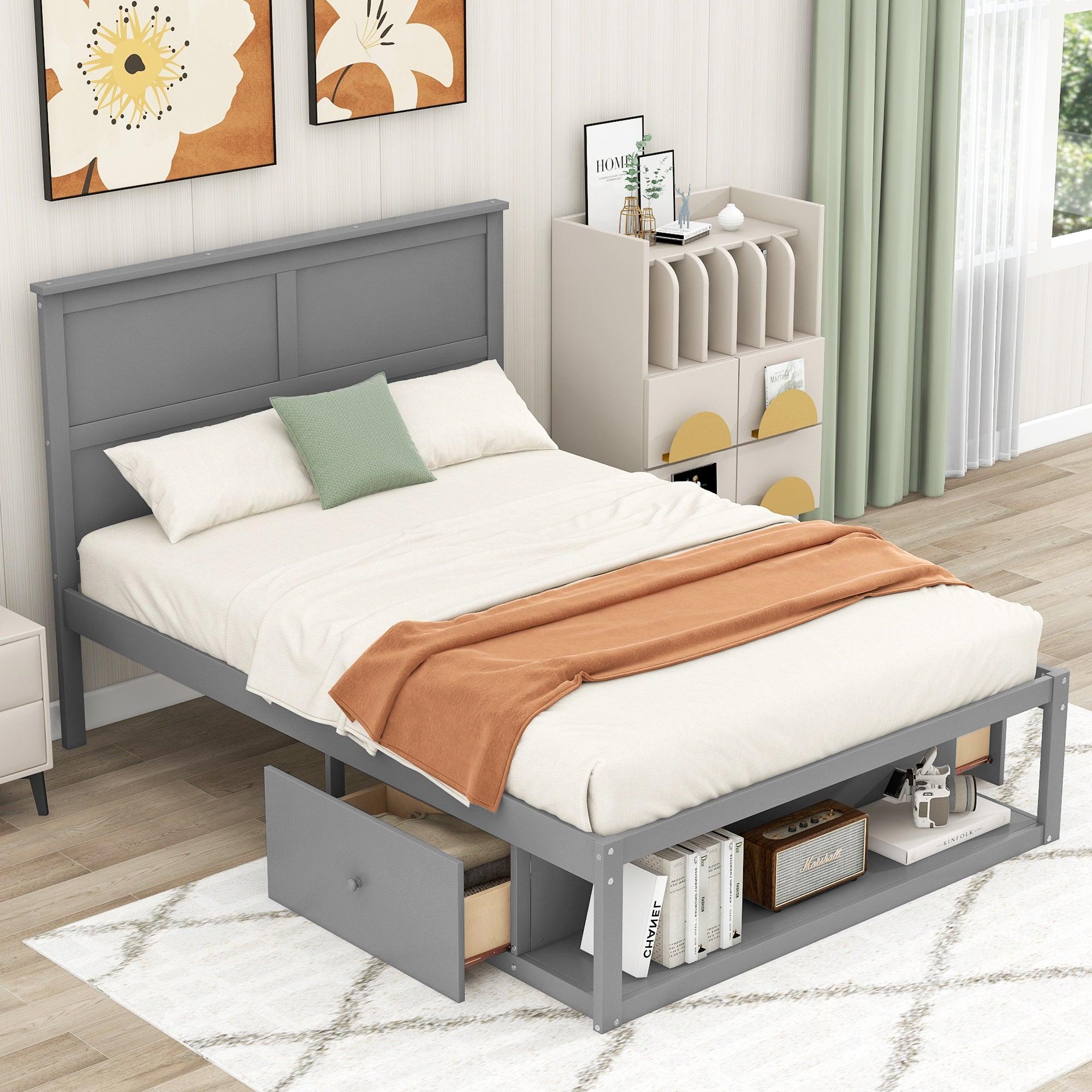 🆓🚛 Full Size Platform Bed With Drawer On The Each Side and Shelf On The End Of The Bed, Gray