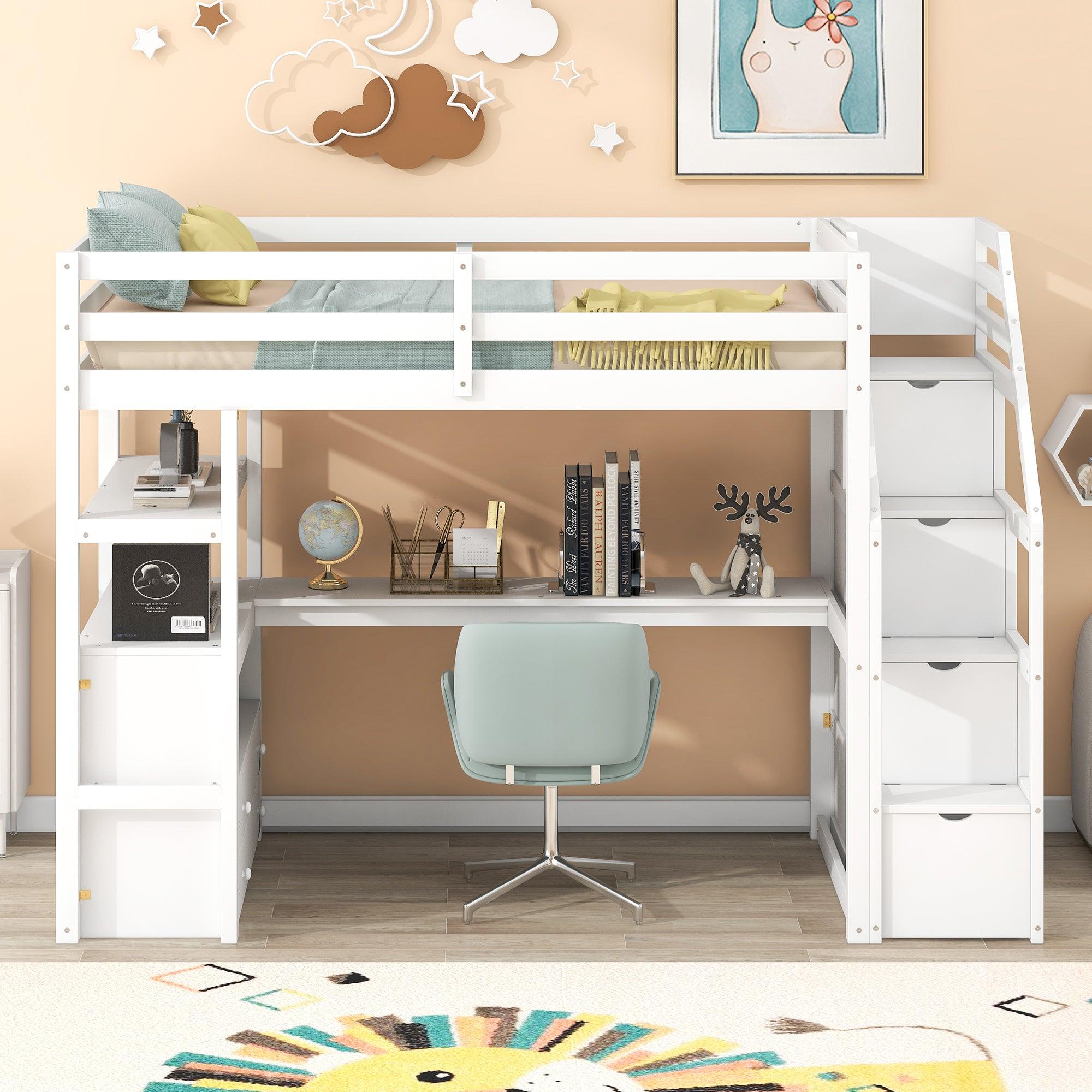 🆓🚛 Twin Size Loft Bed With Desk & Shelves, 2 Built-in Drawers, Storage Staircase, White