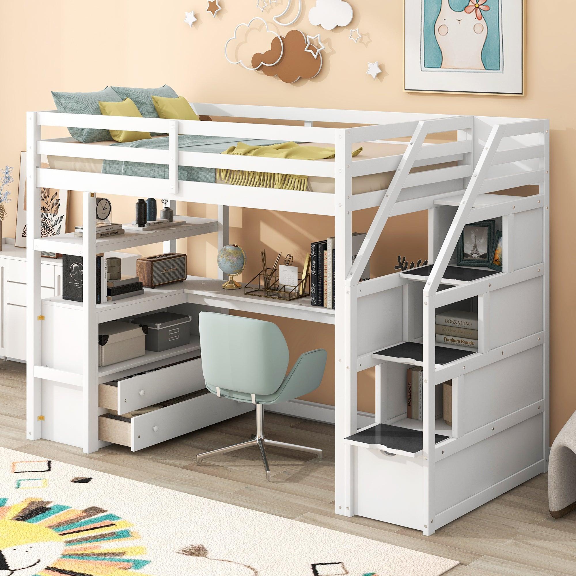 🆓🚛 Twin Size Loft Bed With Desk & Shelves, 2 Built-in Drawers, Storage Staircase, White