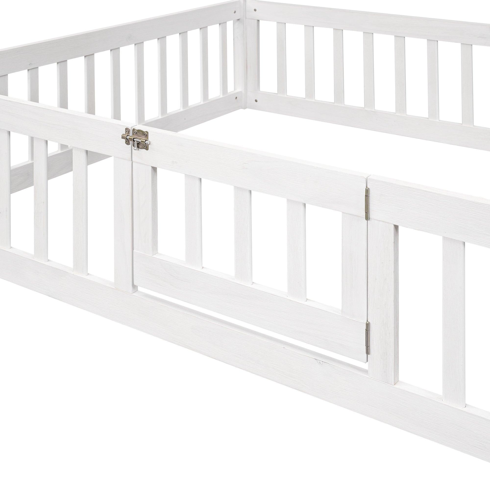 Full Size Wood House Bed With Fence And Door, White Wash