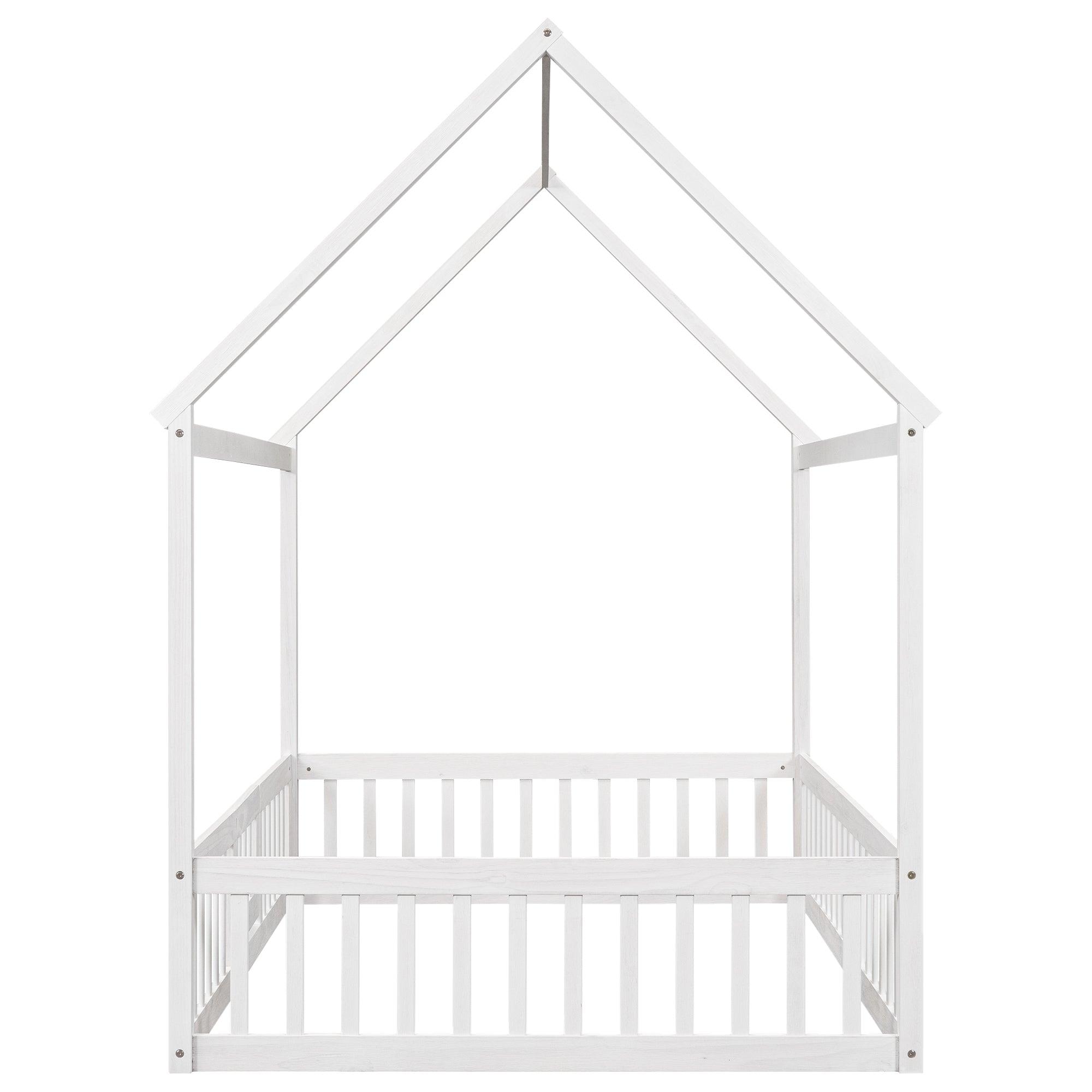 Full Size Wood House Bed With Fence And Door, White Wash