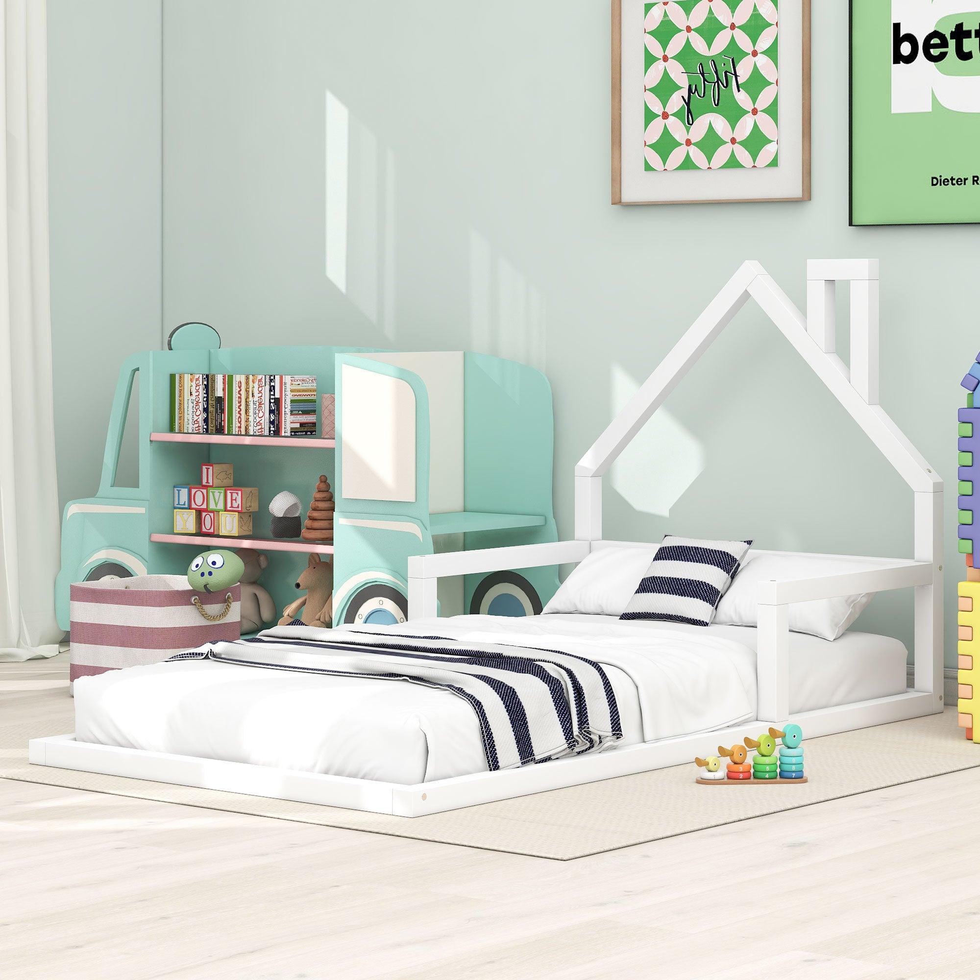 🆓🚛 Twin Size Wood Floor Bed With House-Shaped Headboard, White