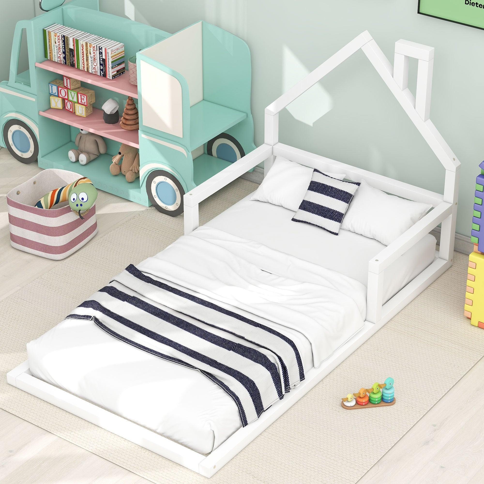 🆓🚛 Twin Size Wood Floor Bed With House-Shaped Headboard, White