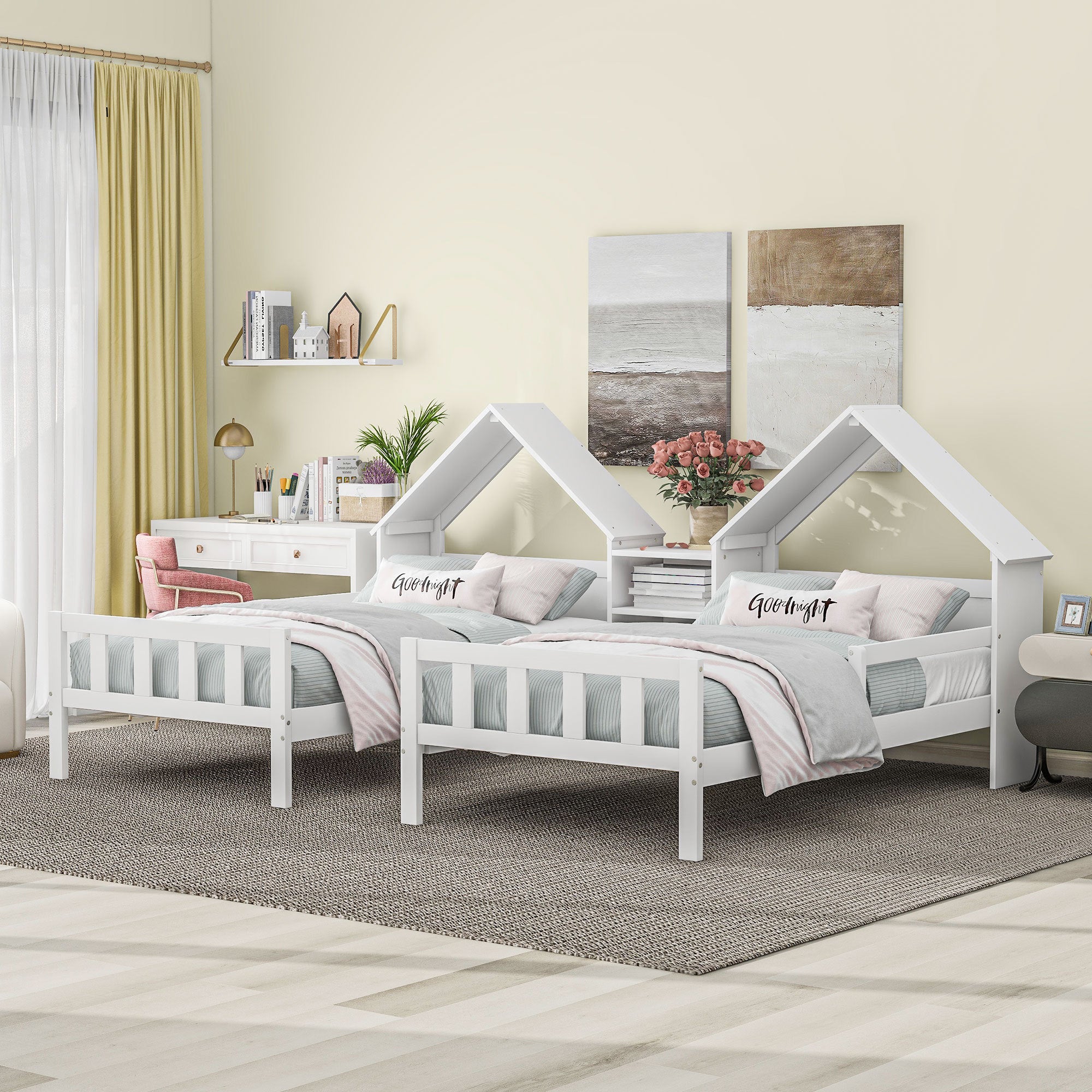 🆓🚛 Double Twin Size Platform Bed With House-Shaped Headboard and a Built-In Nightstand, White