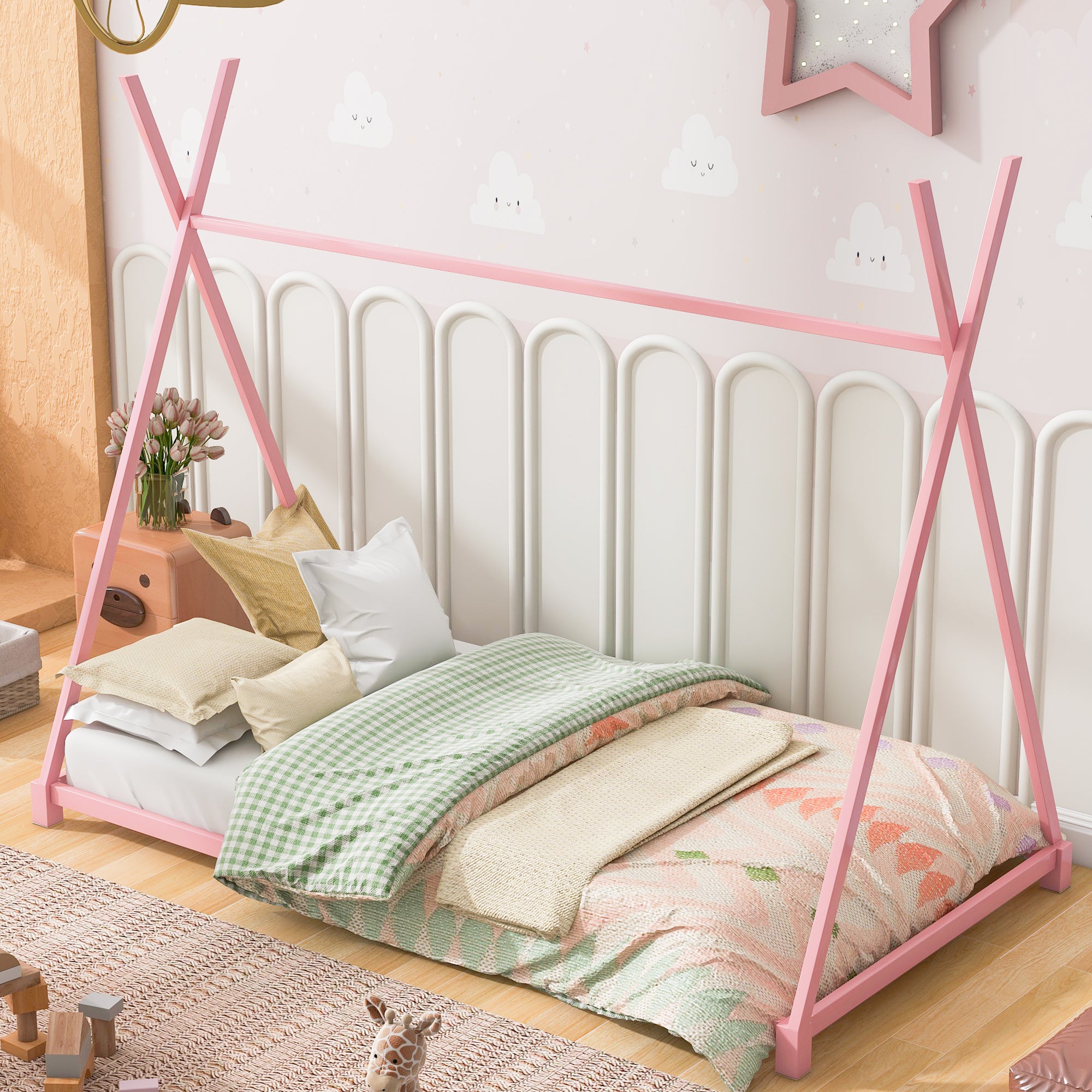 🆓🚛 Metal Twin Size House Platform Bed With Triangle Structure, Pink