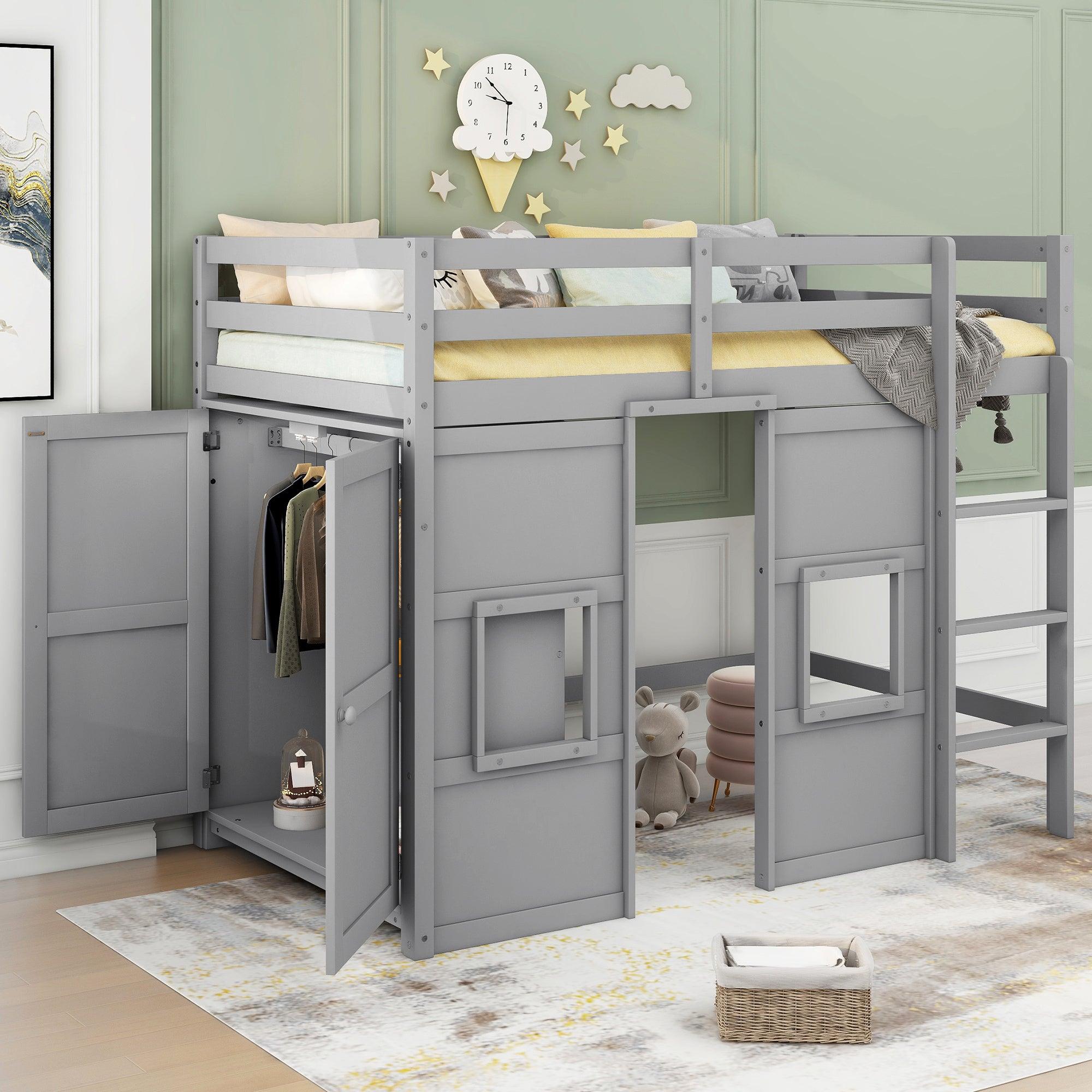 🆓🚛 Wood Twin Size Loft Bed With Built-in Storage Wardrobe & 2 Windows, Gray