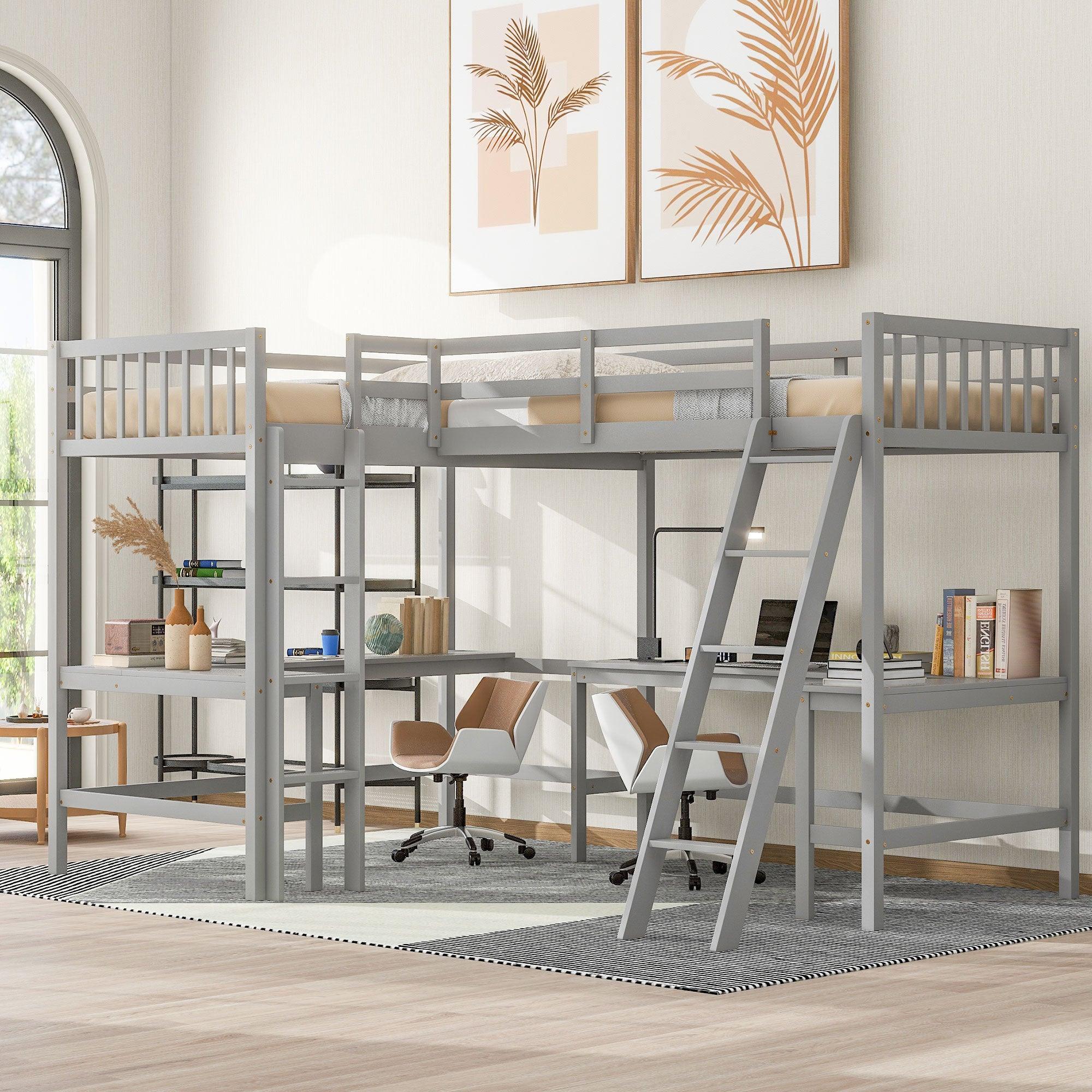 🆓🚛 Wood Twin Size L-Shaped Loft Bed With Ladder & 2 Built-in L-Shaped Desks, Gray