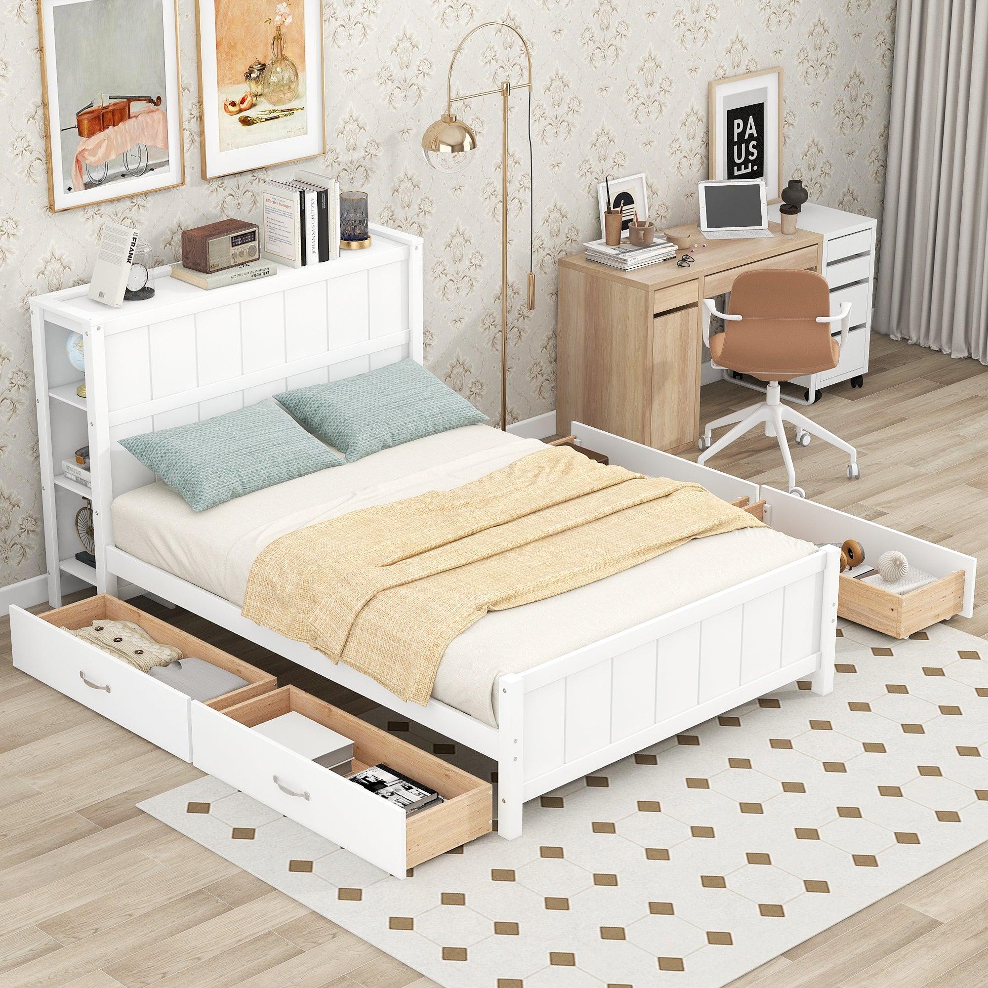 🆓🚛 Full Size Platform Bed With Drawers & Storage Shelves, White