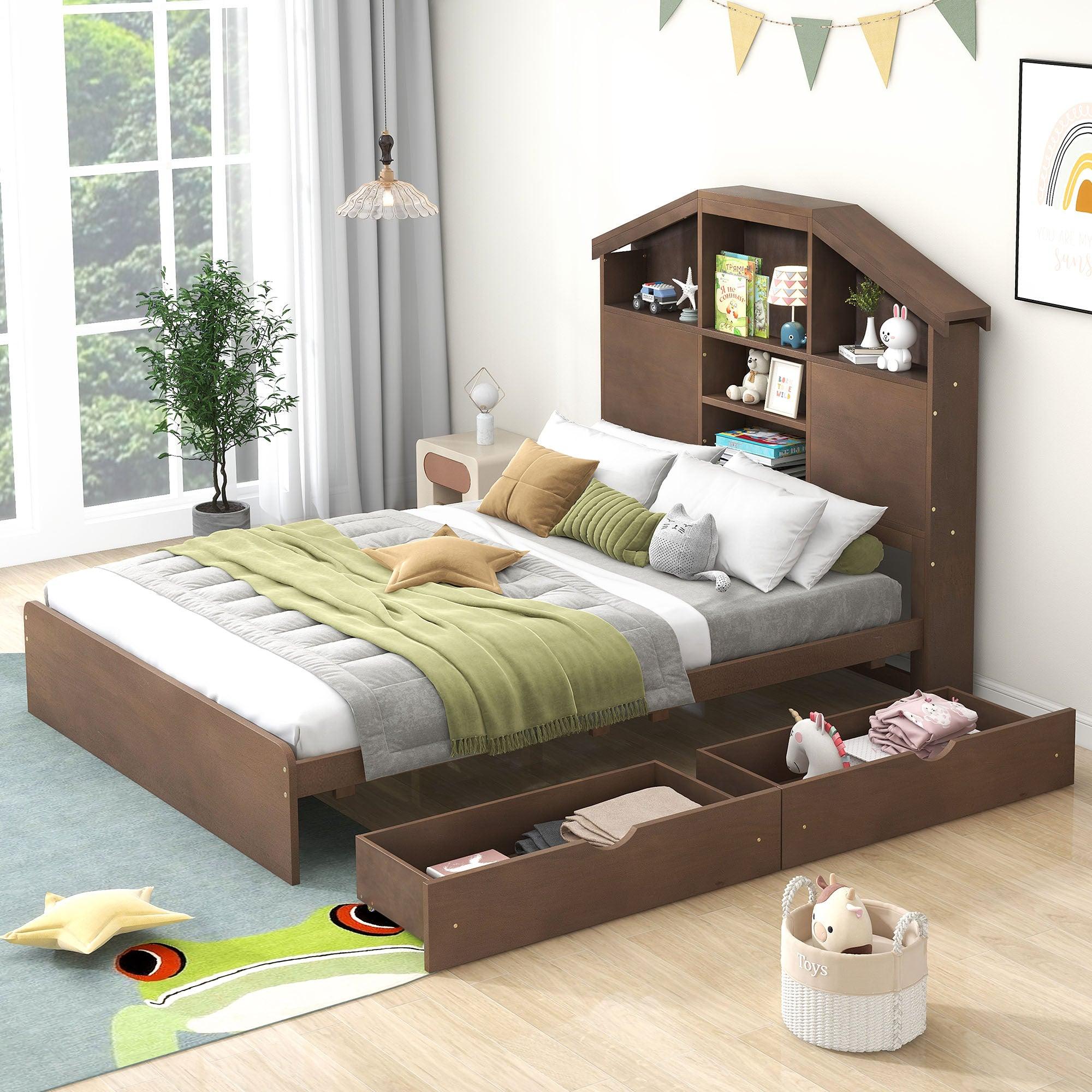 🆓🚛 Full Size Wood Platform Bed With House-Shaped Storage Headboard & 2 Drawers, Walnut
