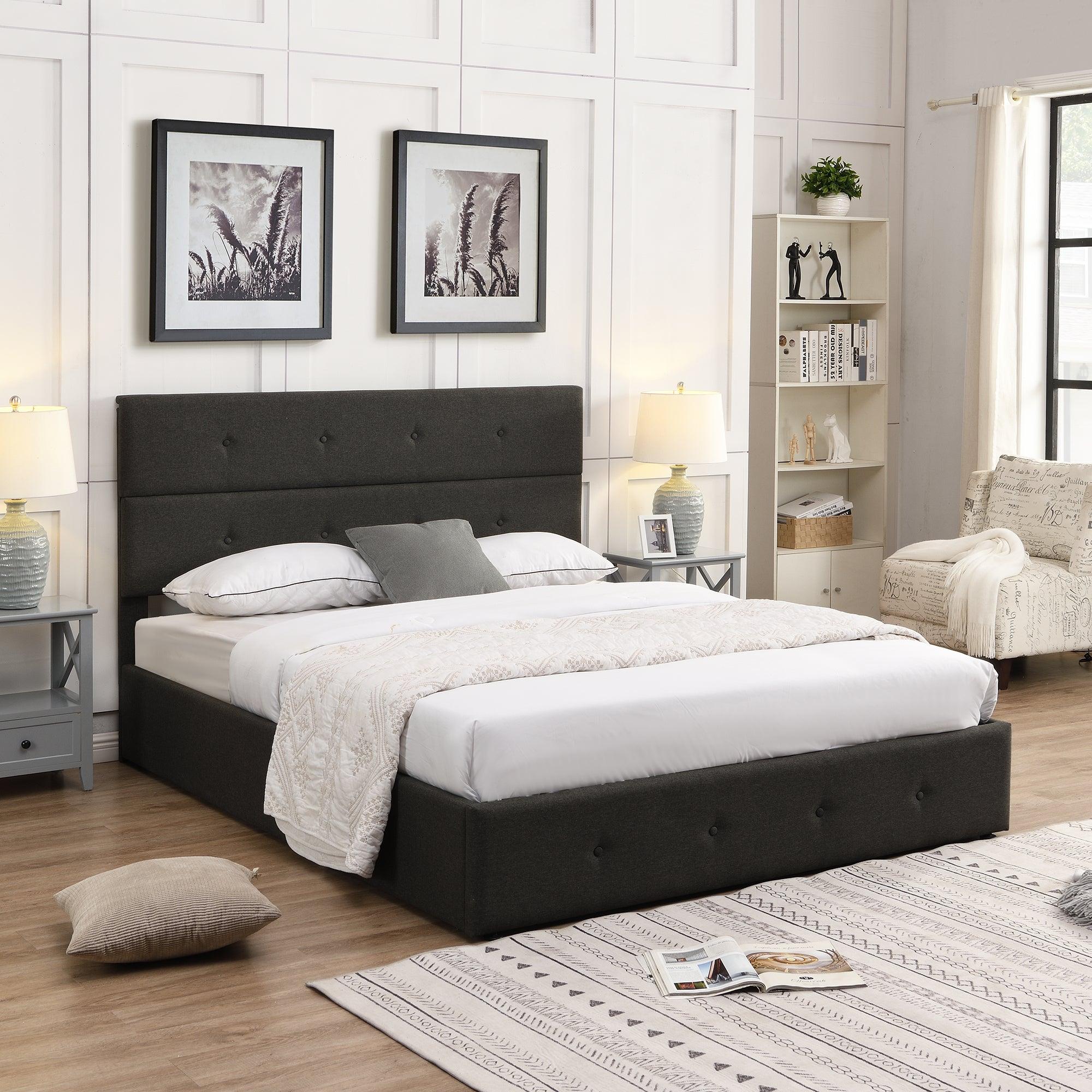 🆓🚛 Upholstered Platform Bed With Underneath Storage, Queen Size, Gray