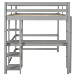 Full Loft Bed With Desk And Shelves, Perfect For Kids, Gray