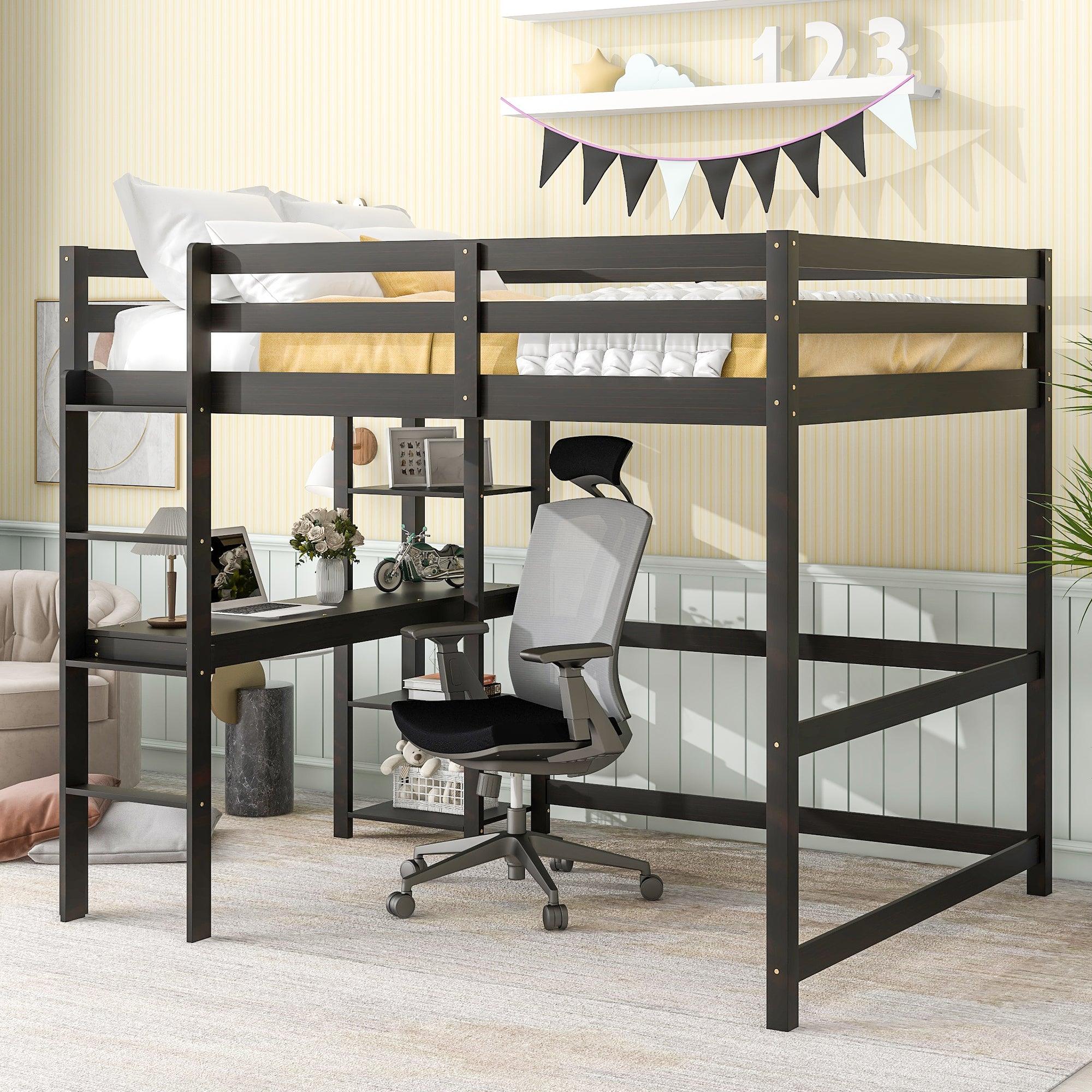 Full Loft Bed With Desk And Shelves, Perfect For Kids, Espresso