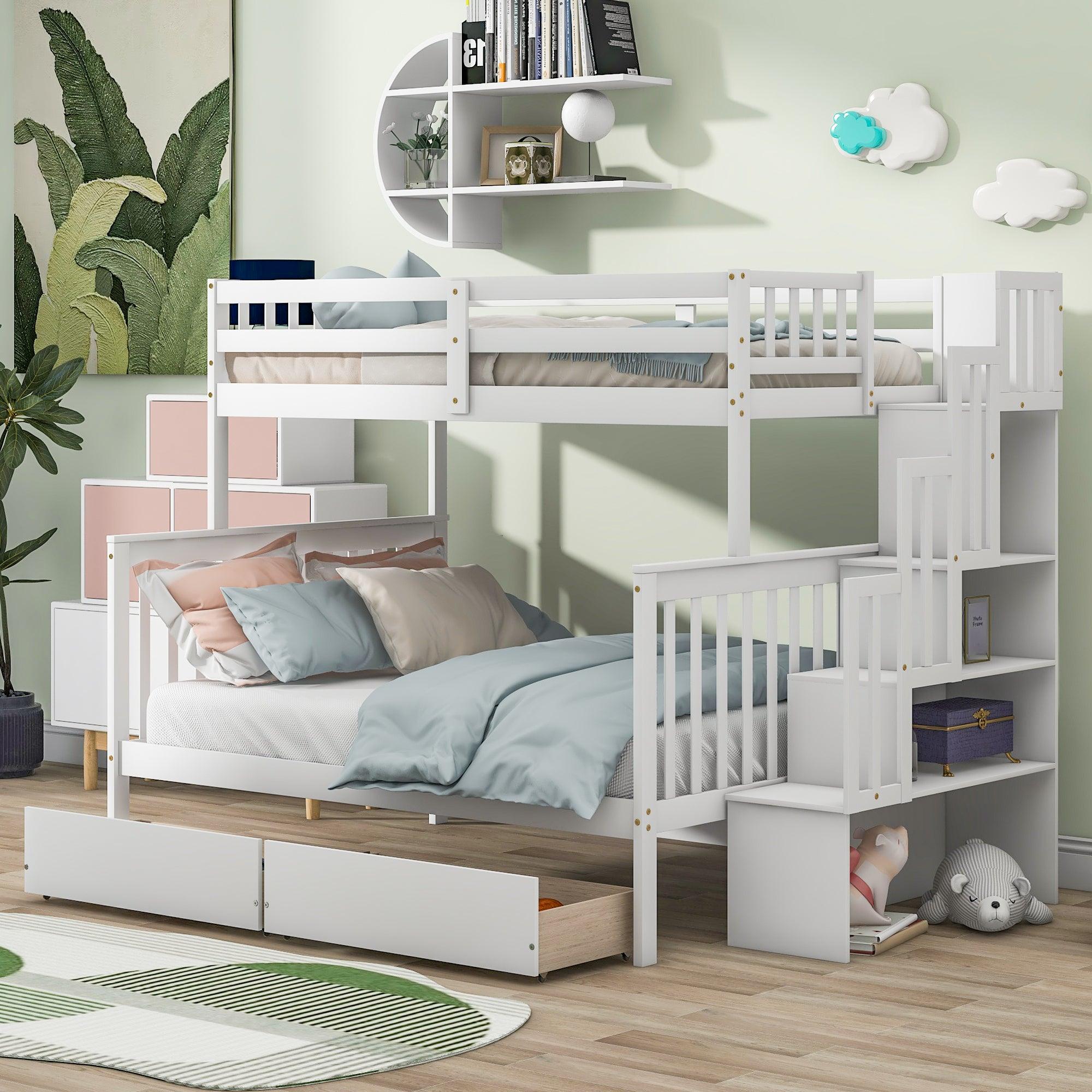 🆓🚛 Twin Over Full Bunk Bed With 2 Drawers & Staircases, Convertible Into 2 Beds, The Bunk Bed With Staircase & Safety Rails for Kids, Teens & Adults, White