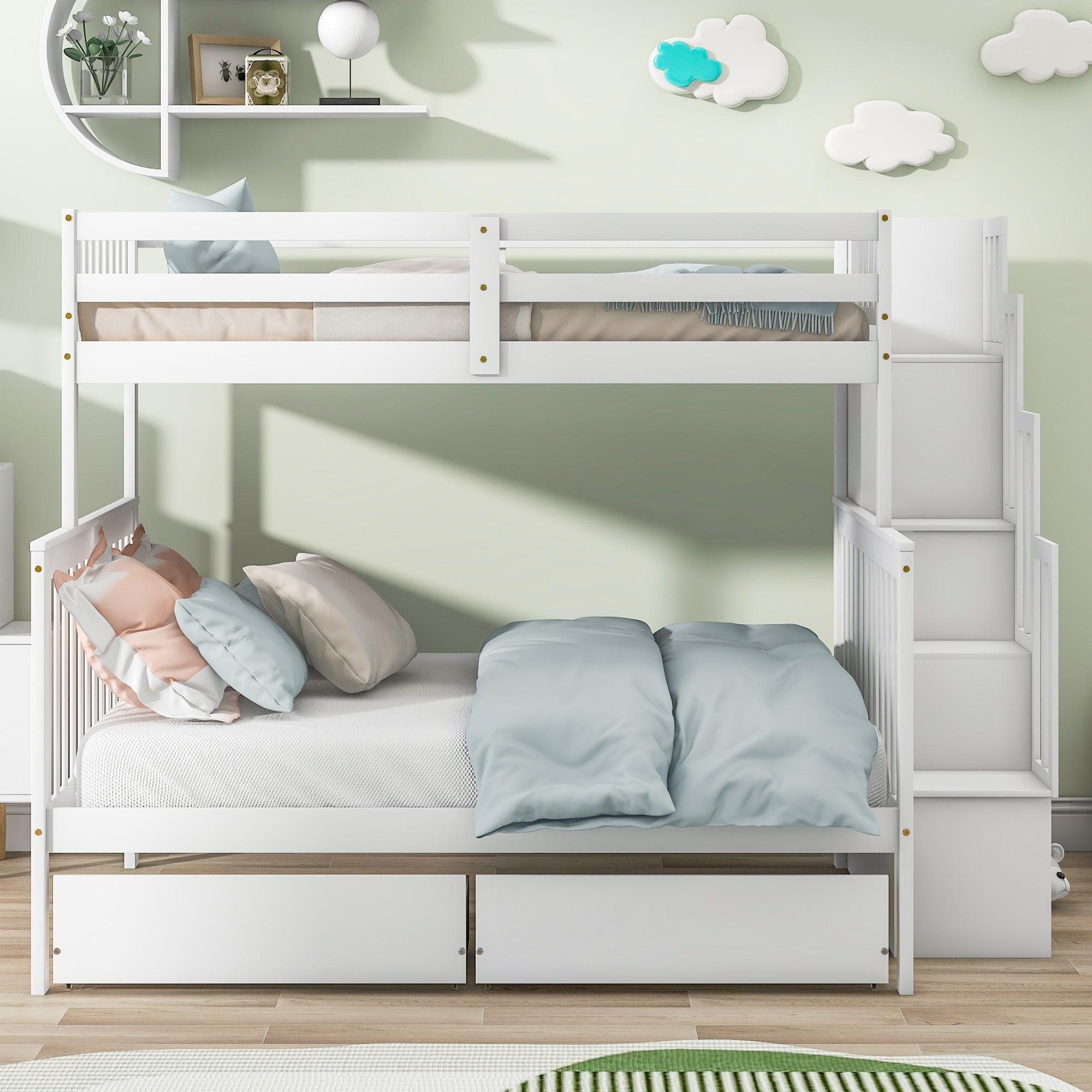 🆓🚛 Twin Over Full Bunk Bed With 2 Drawers & Staircases, Convertible Into 2 Beds, The Bunk Bed With Staircase & Safety Rails for Kids, Teens & Adults, White