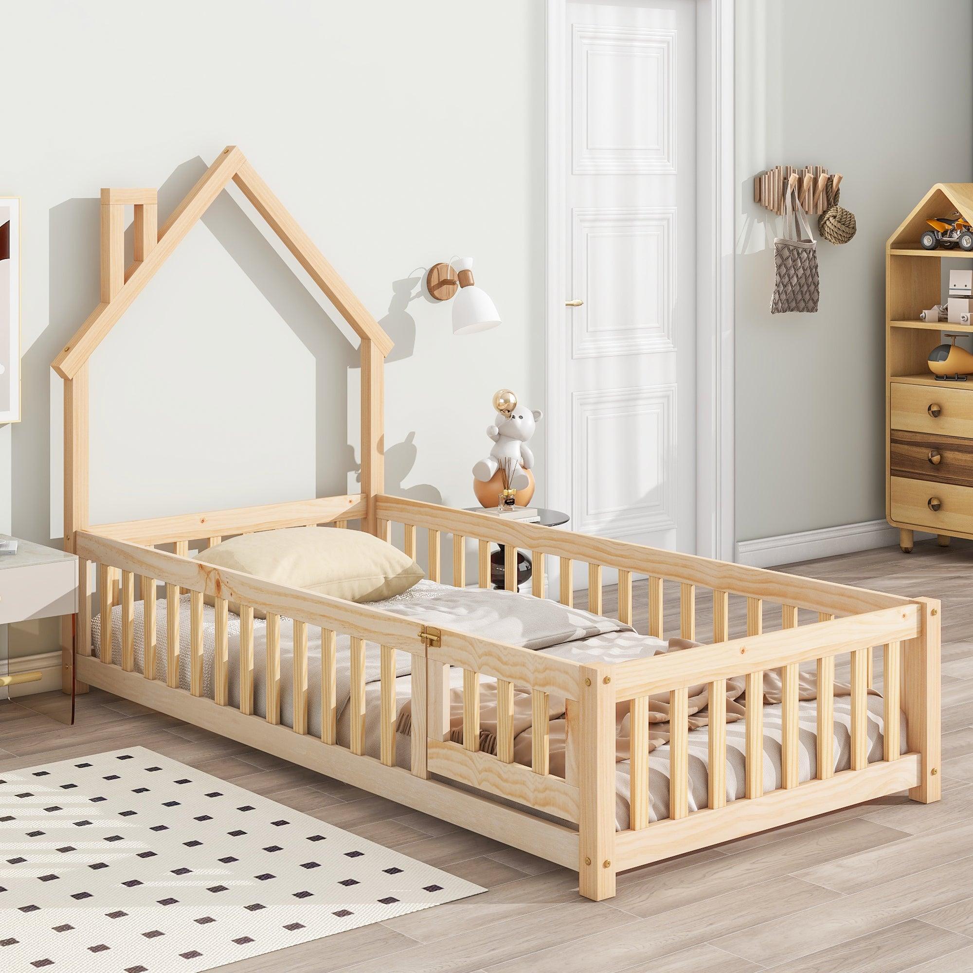 🆓🚛 Twin House-Shaped Headboard Floor Bed With Fence, Natural
