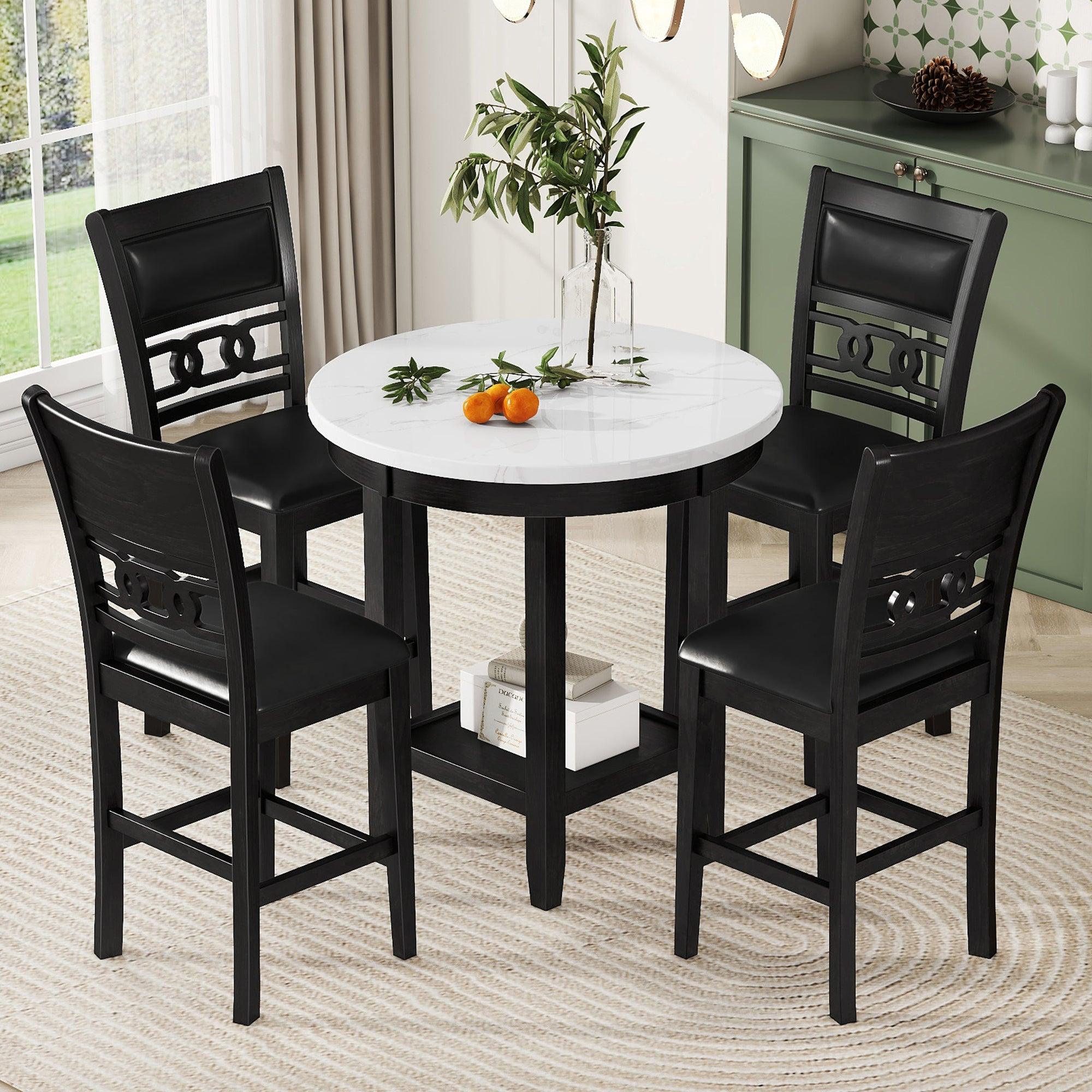 🆓🚛 5-Piece Counter Height Dining Round Table Set, 1 Faux Marble Top Dining Table & 4 Pu-Leather Chairs, Dark Espresso