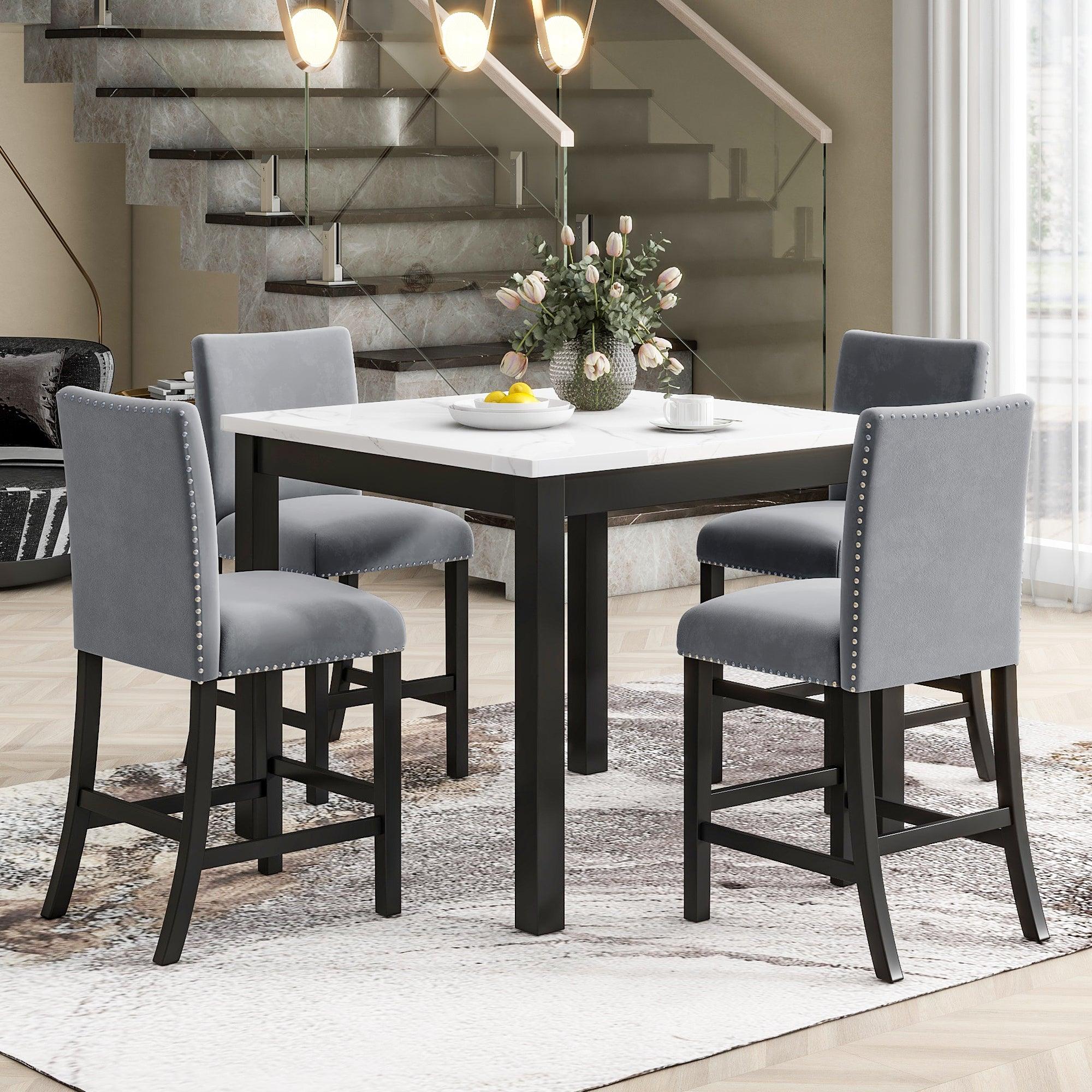 🆓🚛 5-Piece Counter Height Dining Table Set, 1 Faux Marble Top Dining Table & 4 Velvet-Upholstered Chairs, Gray
