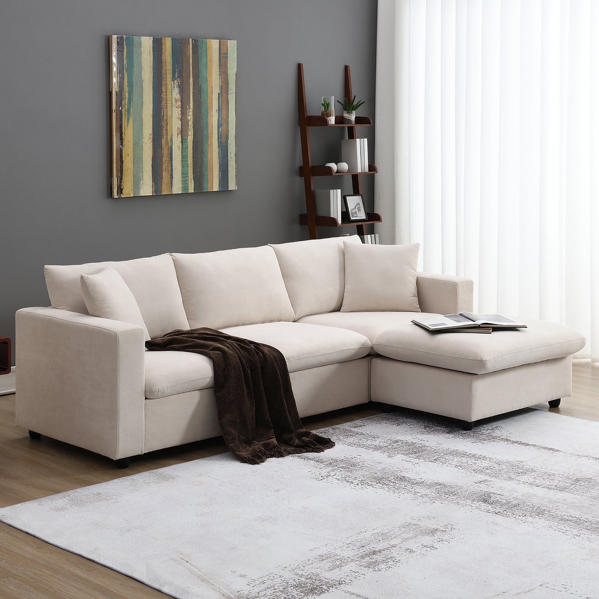 🆓🚛 100.4" Modern Sectional Sofa, L-Shaped Couch Set With 2 Free Pillows, 4-Seat Polyester Fabric Couch Set With Convertible Ottoman for Living Room, Apartment, Office, Beige