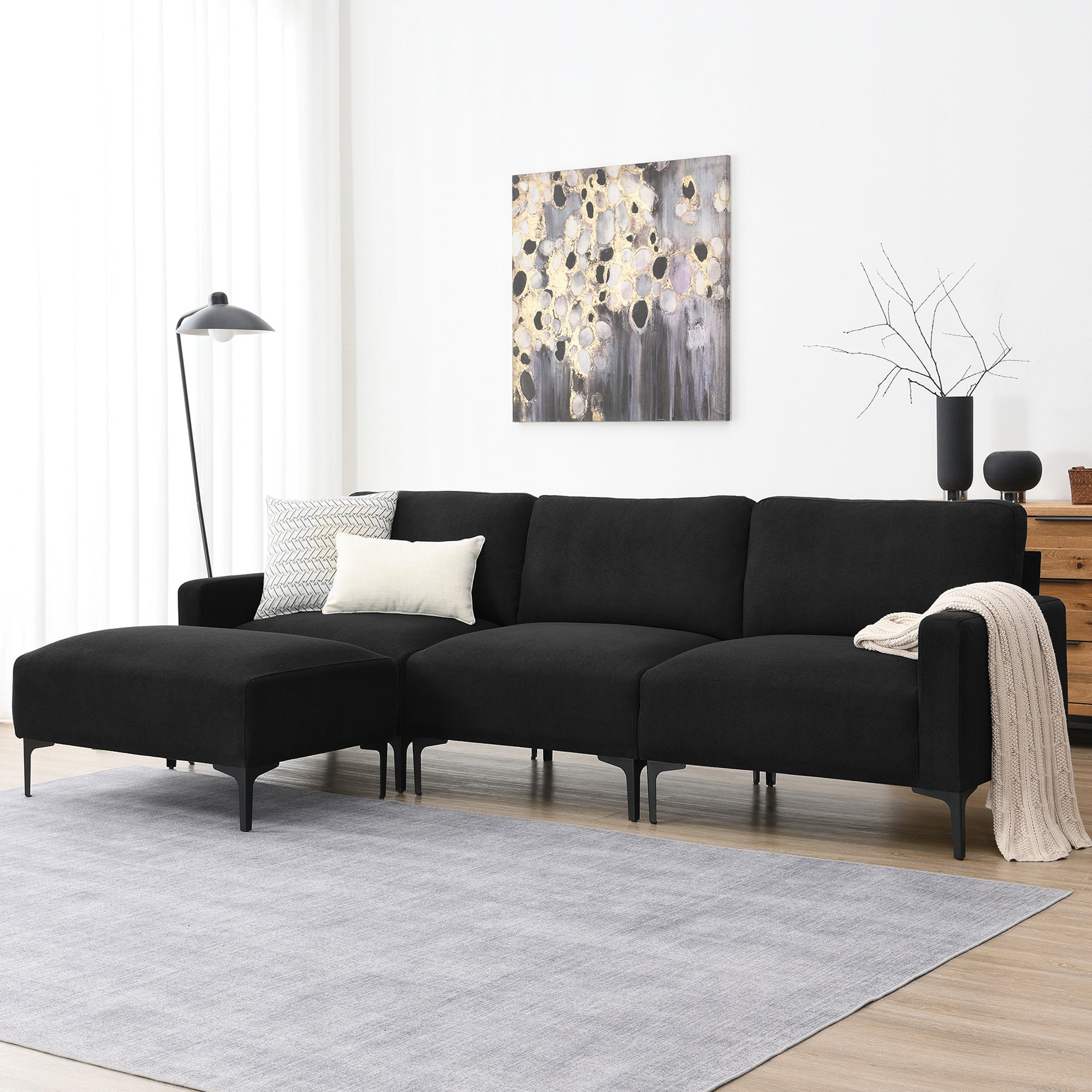 🆓🚛 103.5" Modern L-Shaped Sectional Sofa, 4-Seat Velvet Fabric Couch Set With Convertible Ottoman, Freely Combinable Sofa for Living Room, Apartment, Office, Apartment, Black