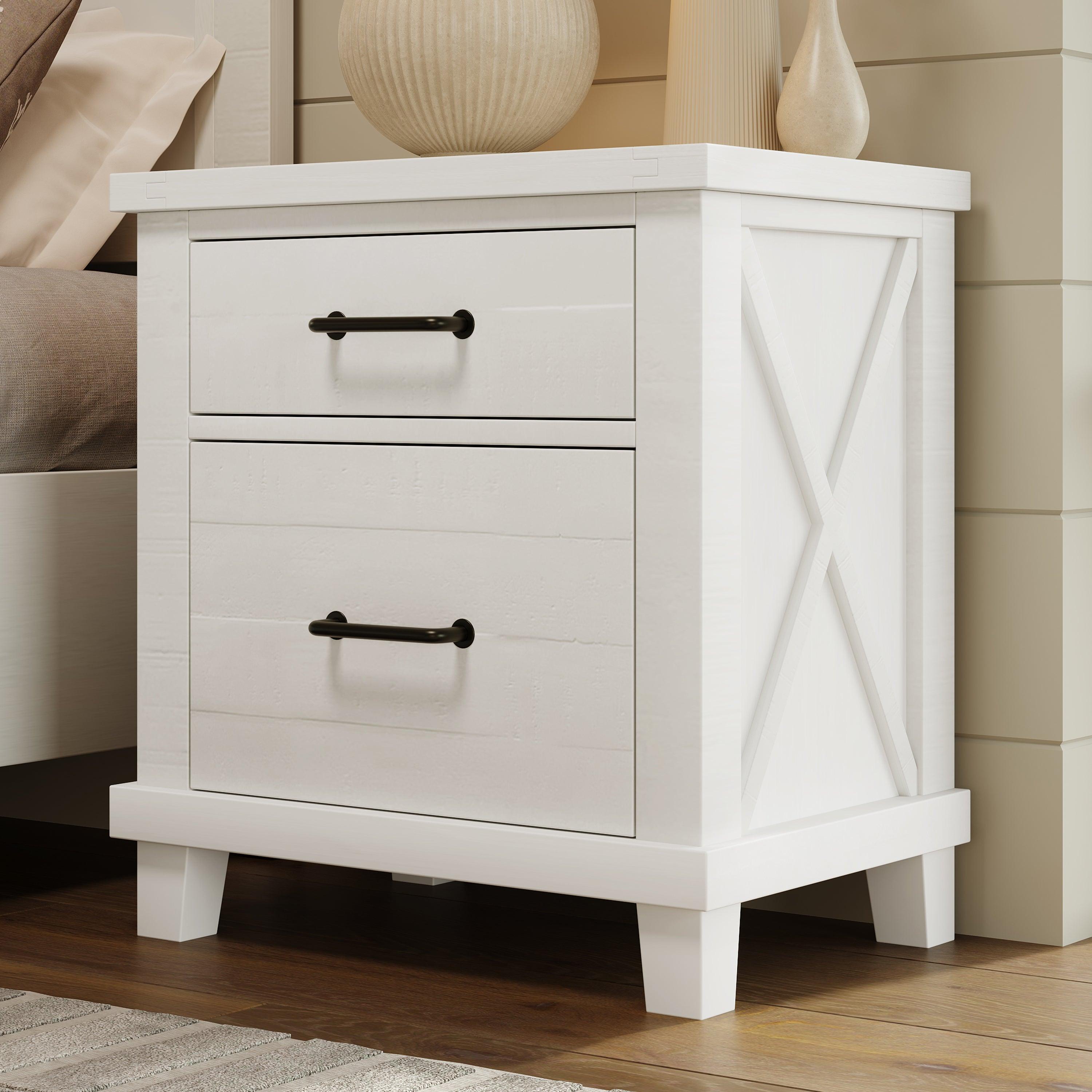 🆓🚛 Rustic Farmhouse Style Solid Pine Wood Whitewash Two-Drawer Nightstand for Bedroom, Living Room, White
