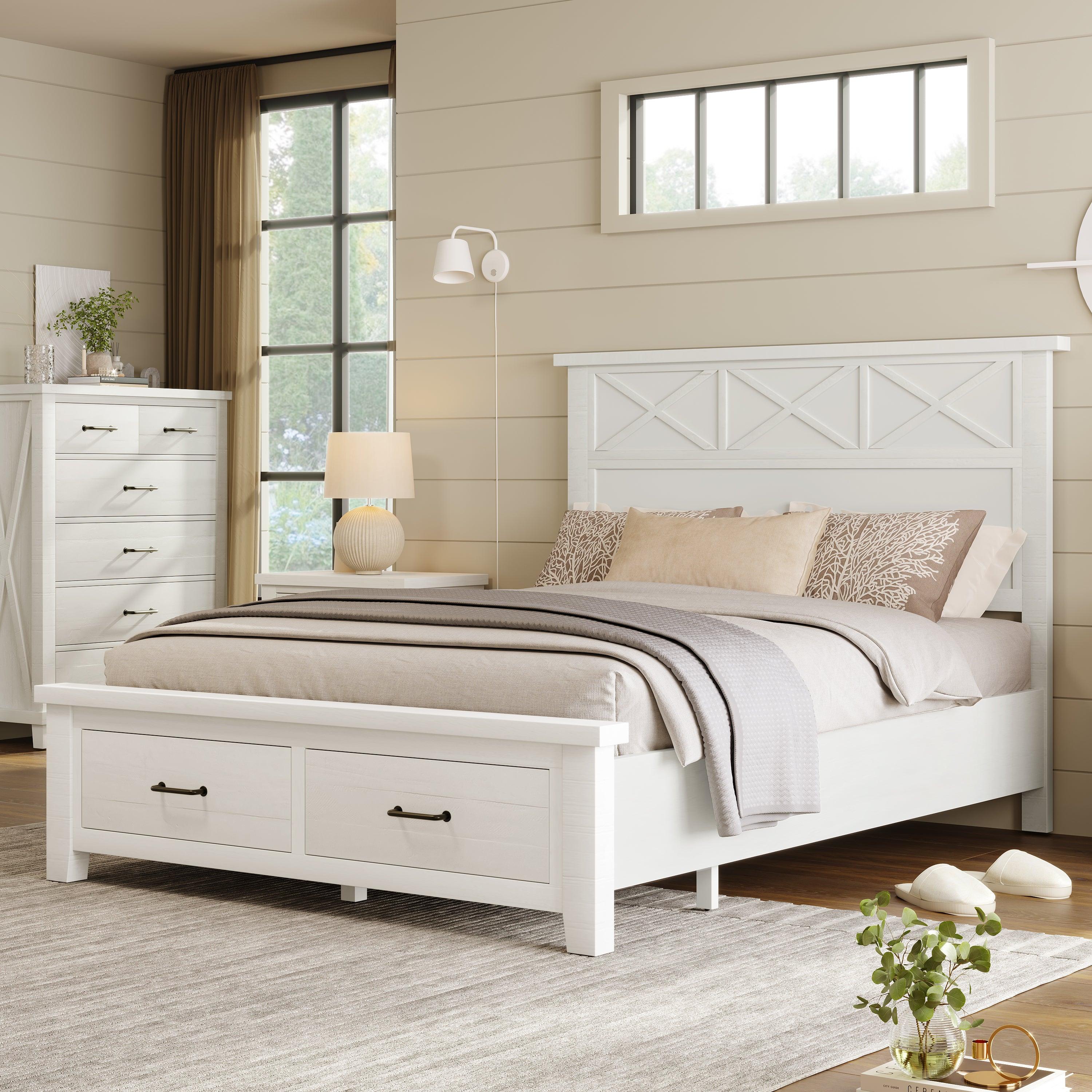 🆓🚛 Rustic Farmhouse Style Whitewash Queen Storage Panel Bed With Two Drawers, White