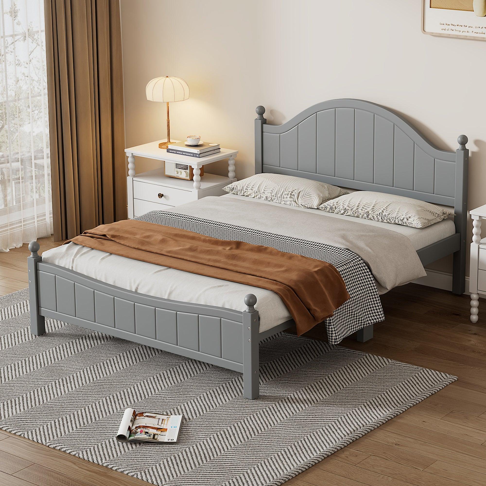 🆓🚛 Traditional Concise Style Gray Solid Wood Platform Bed, No Need Box Spring, Queen