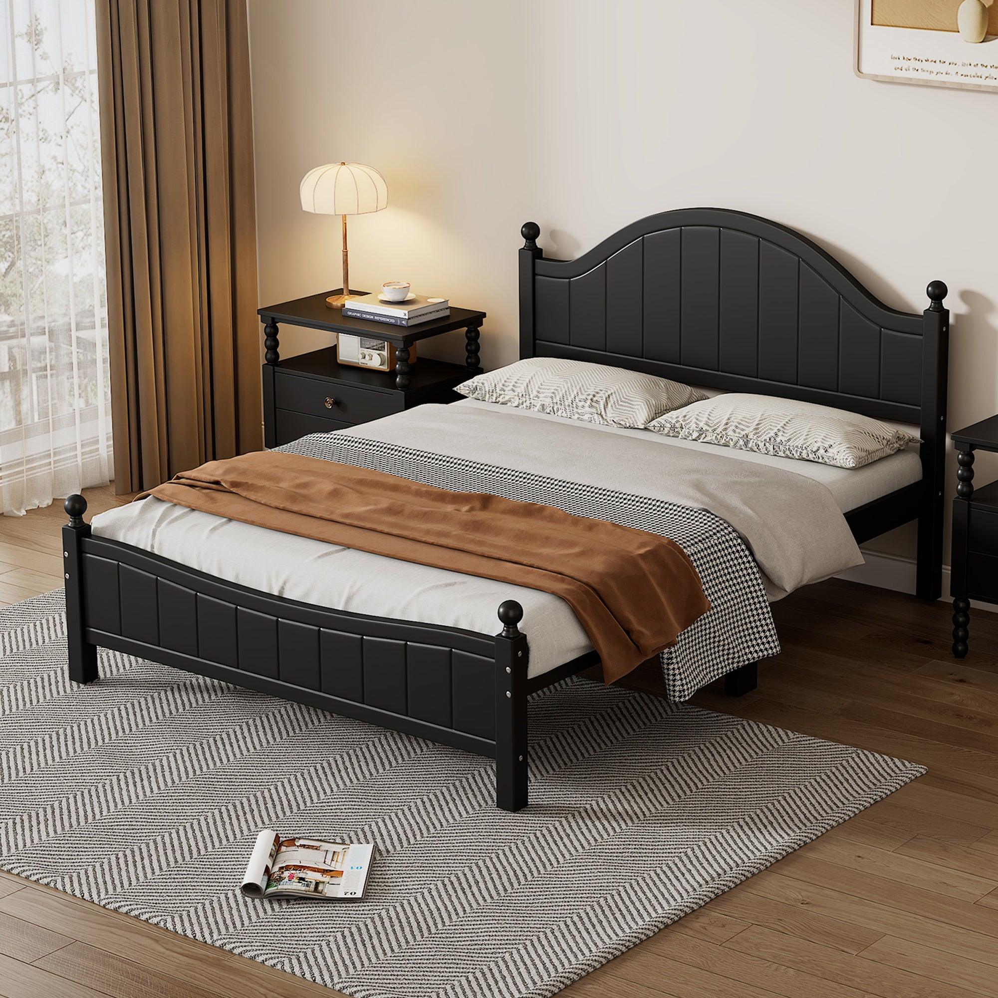 🆓🚛 Traditional Concise Style Black Solid Wood Platform Bed, No Need Box Spring, Queen