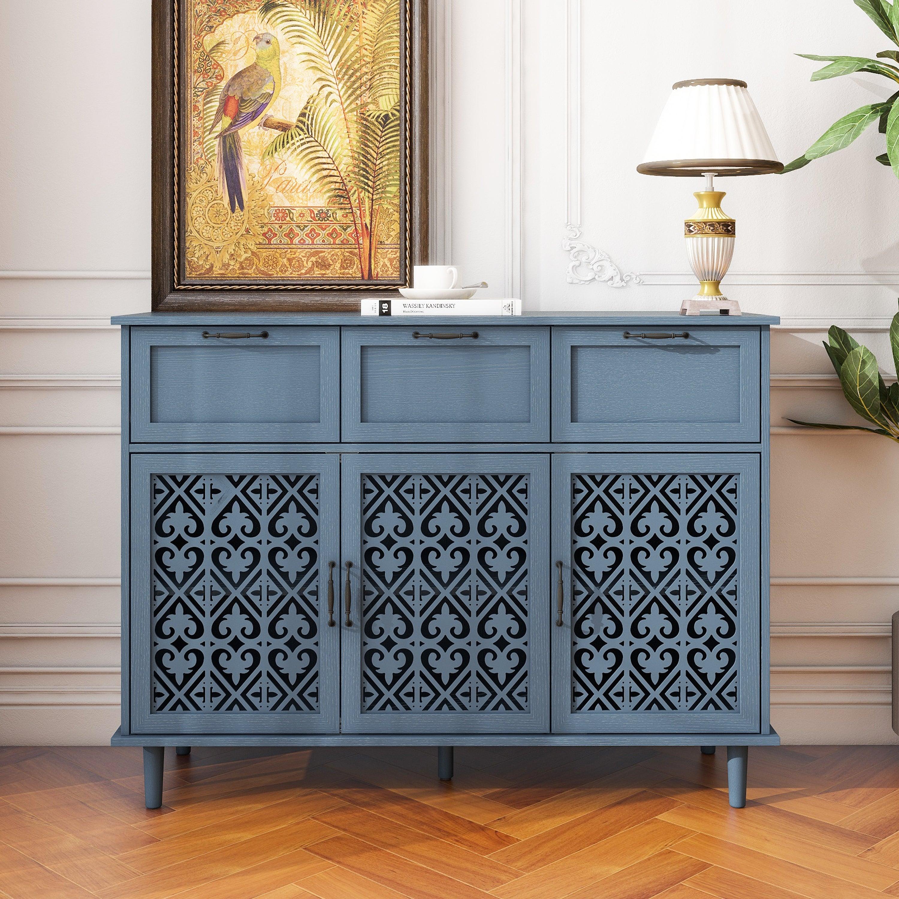 🆓🚛 3 Door 3 Drawer Cabinet, Suitable for Bedroom, Living Room & Study, Blue