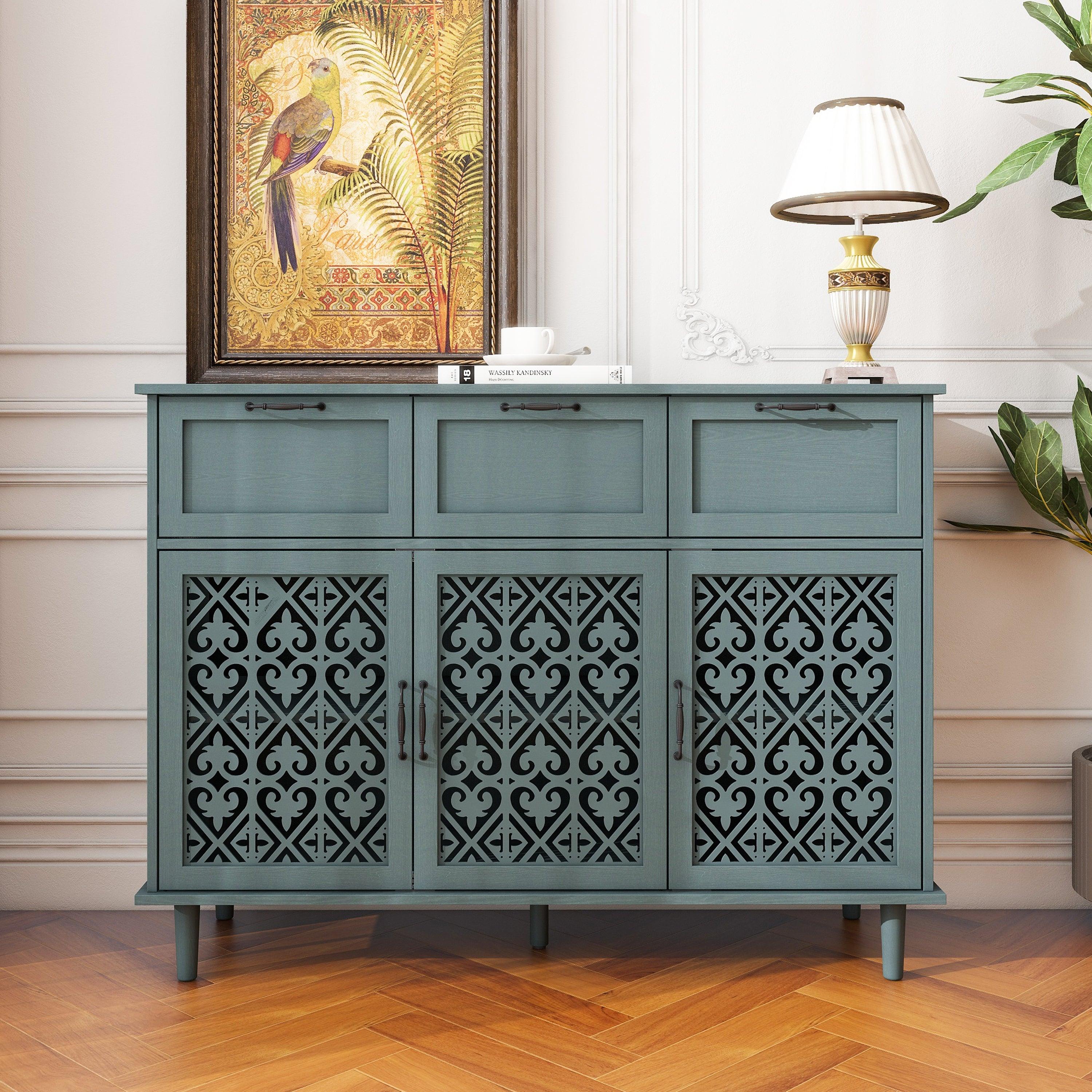🆓🚛 3 Door 3 Drawer Cabinet, Suitable for Bedroom, Living Room & Study, Dark Green