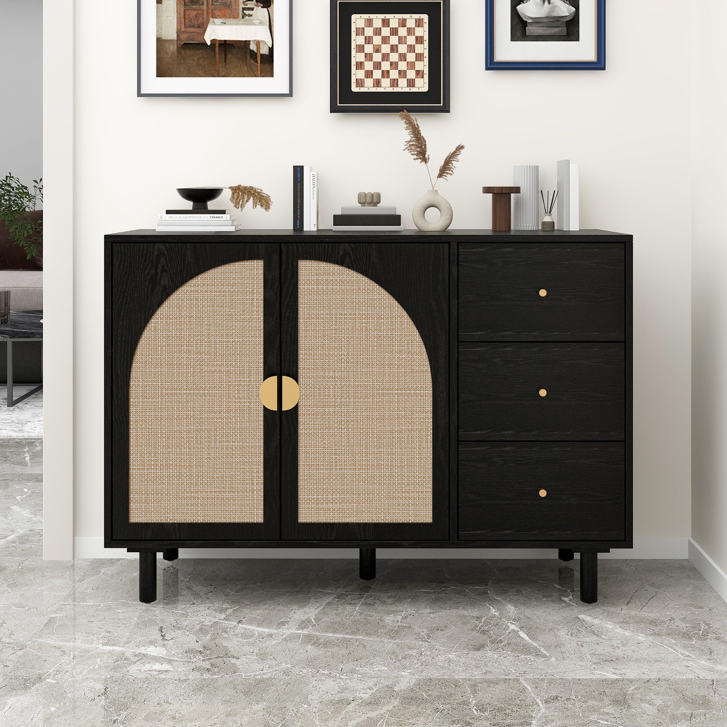 🆓🚛 2 Rattan Door 3 Drawer Sidboard Cabinet, Suitable for Bedroom, Living Room, Study, Black