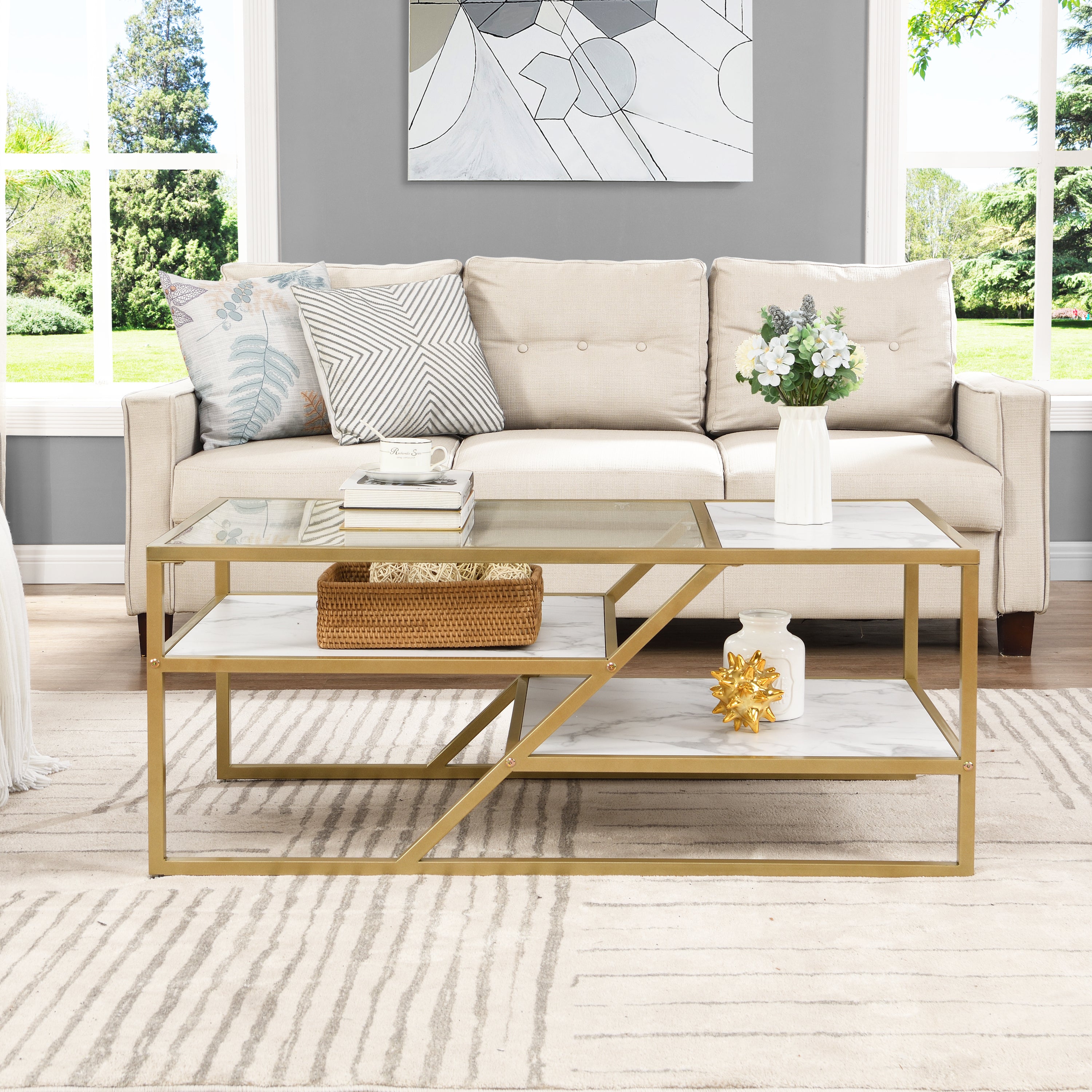 🆓🚛 Coffee Table With Storage Shelf, Tempered Glass Coffee Table With Metal Frame for Living Room & Bedroom, White & Golden