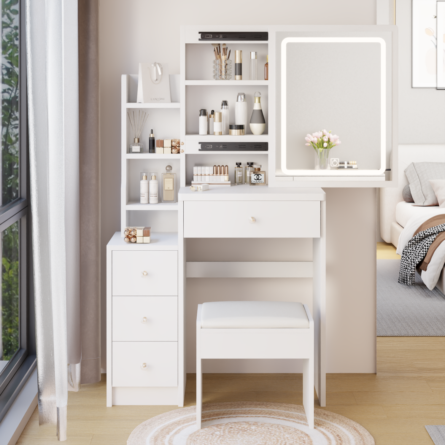 🆓🚛 Left Bedside Cabinet Vanity Table + Cushioned Stool, Extra Large Sliding Led Mirror, Touch Control, Tri-Color, Brightness Adjustable, Multi-Layer, High Capacity Storage, Practical Fashionable Dresser